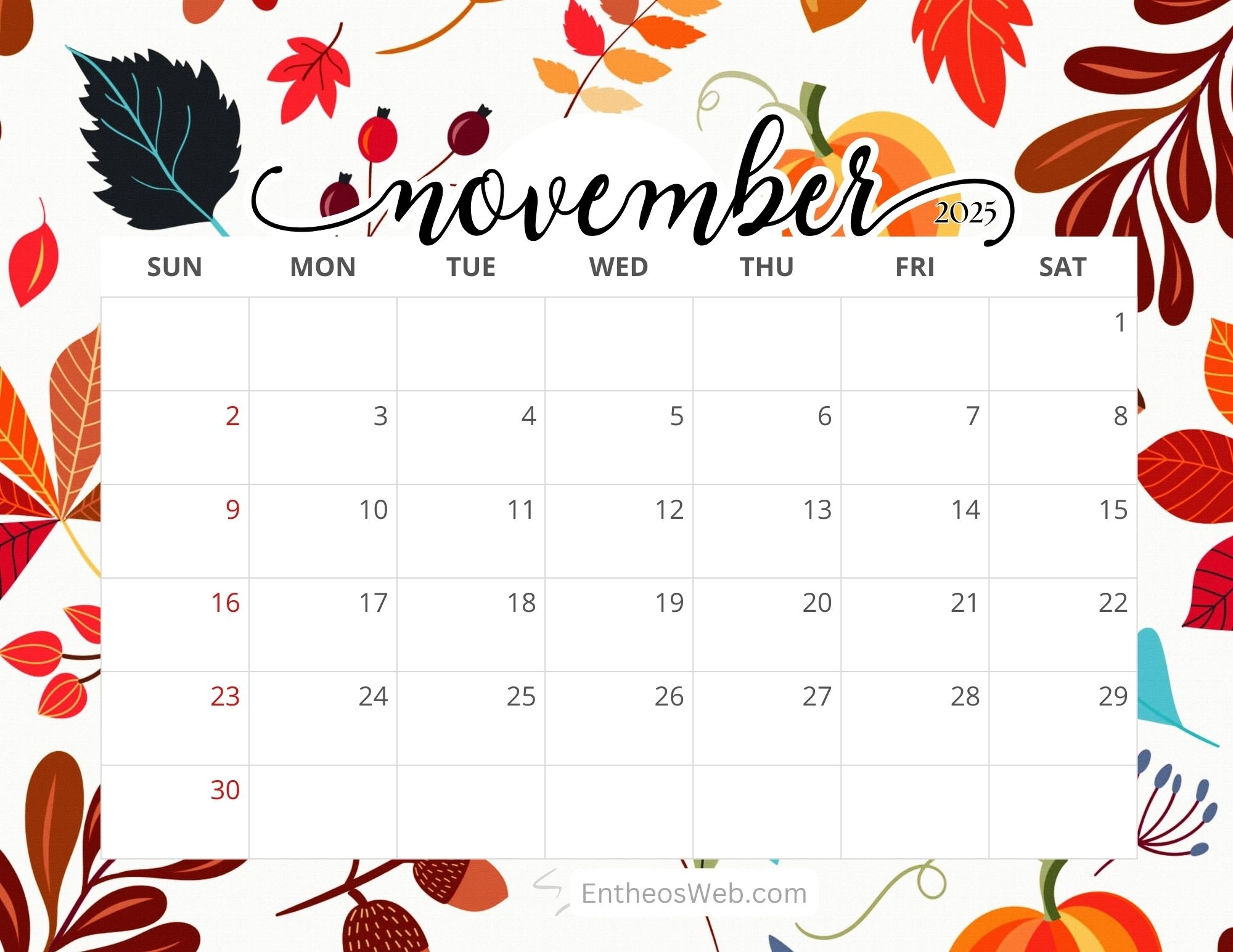 Calendar November 2025 Printable