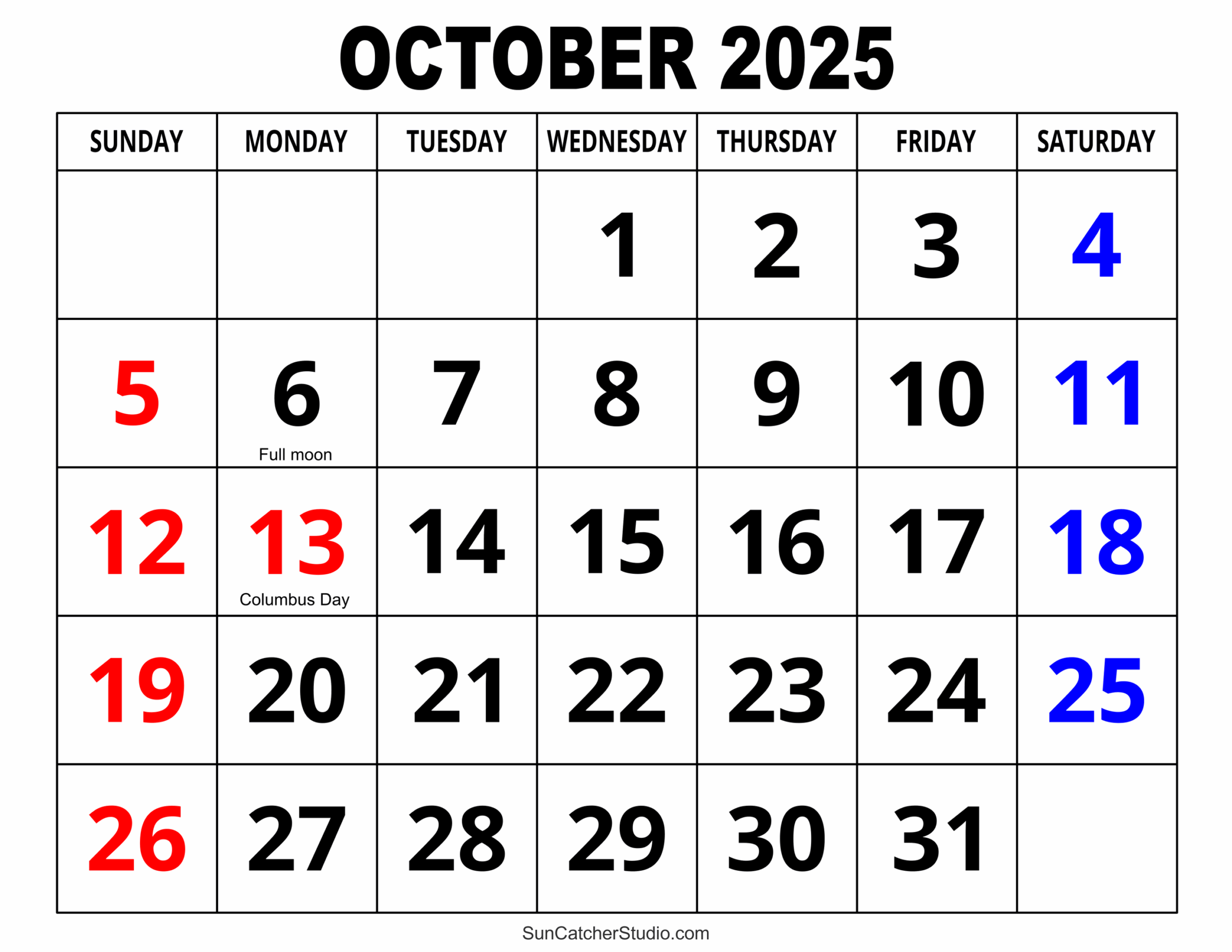 October 2025 Calendar Printable