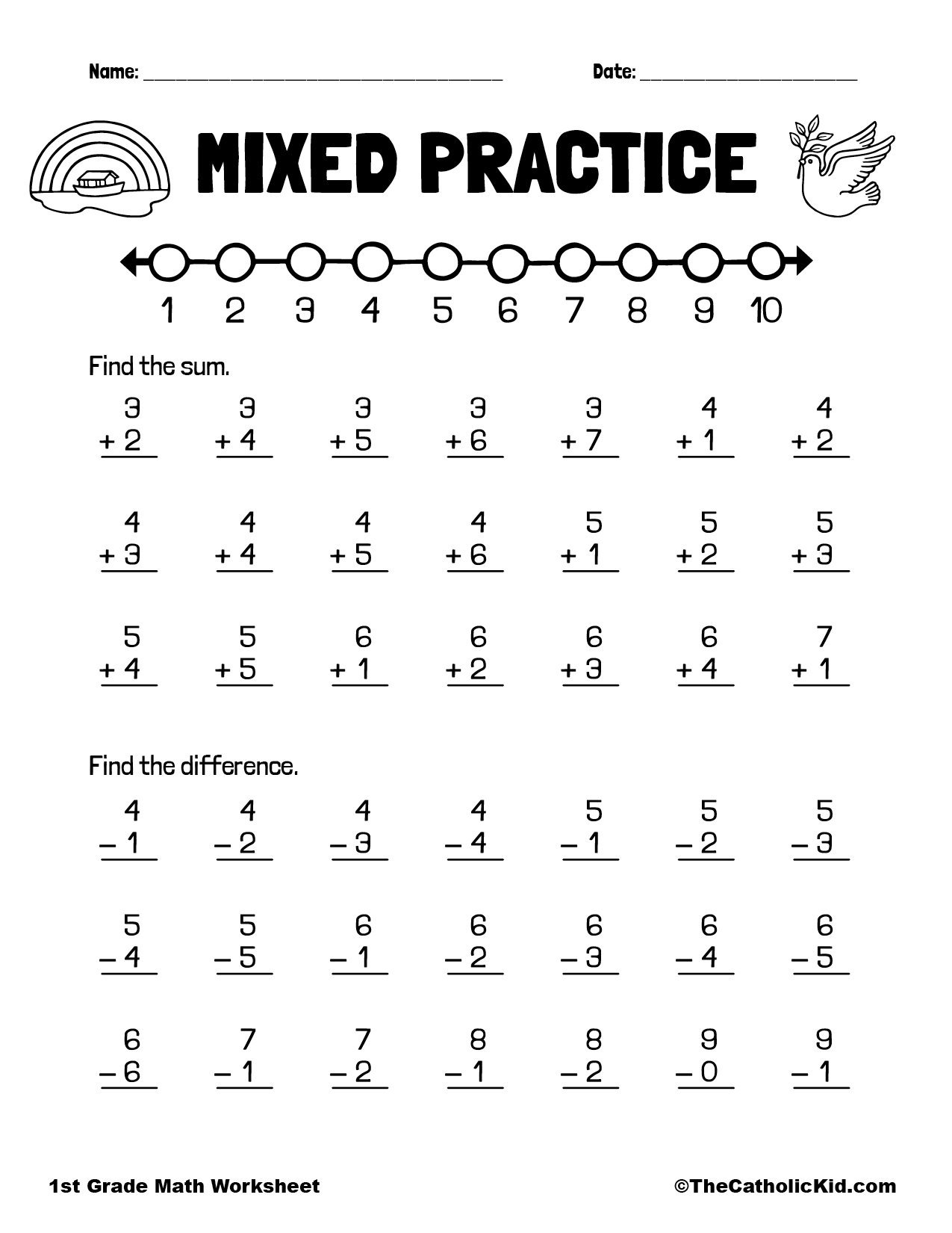 Practice Addition Subtraction 1st Grade Math Worksheet Catholic TheCatholicKid