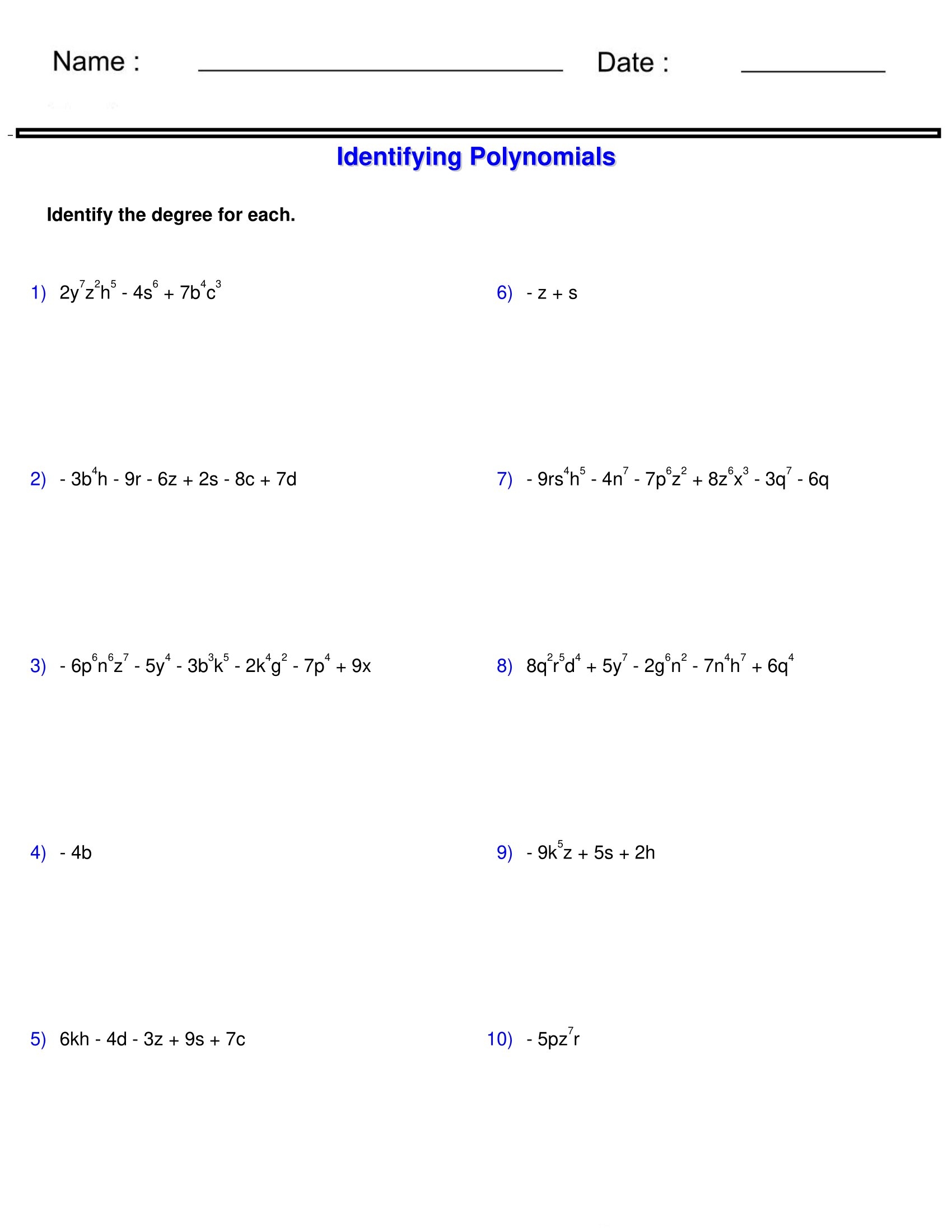 Pre Algebra Monomials And Polynomials Worksheets Identifying The Degree Of Pol Made By Teachers