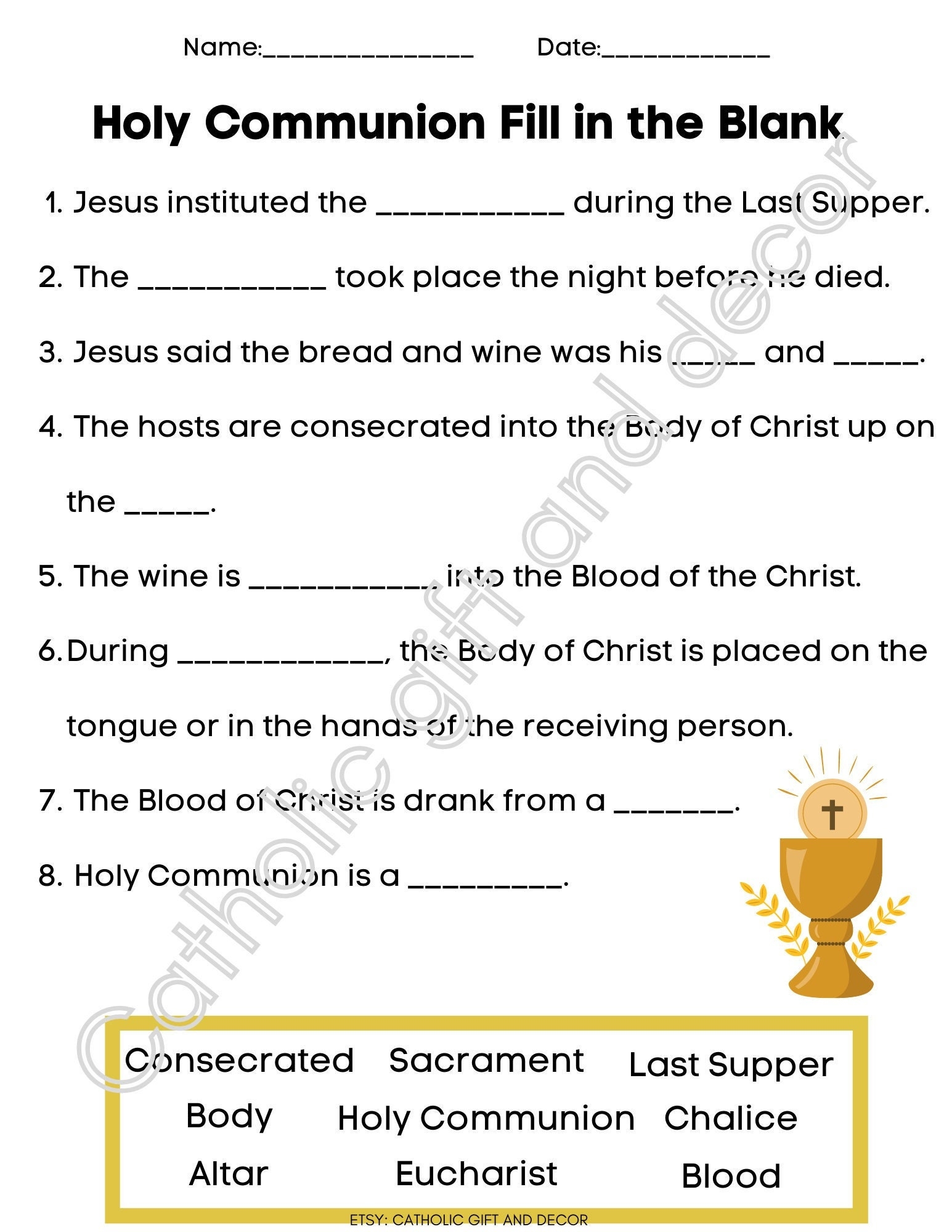 Printable Catholic First Communion Fill In The Blank 1st Communion Worksheets Library