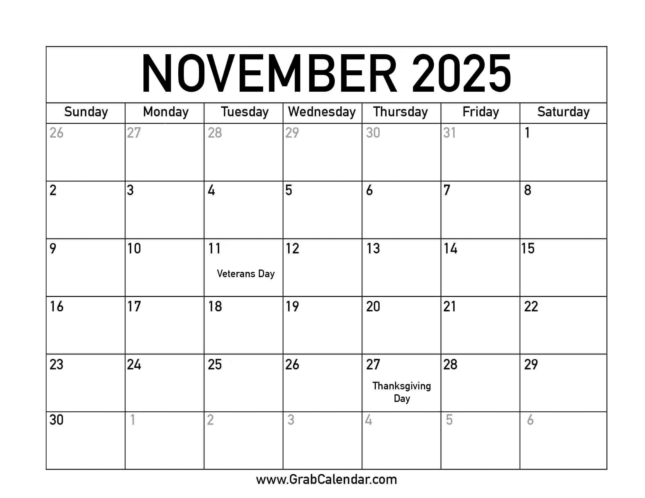 November 2025 Calendar With Holidays Printable