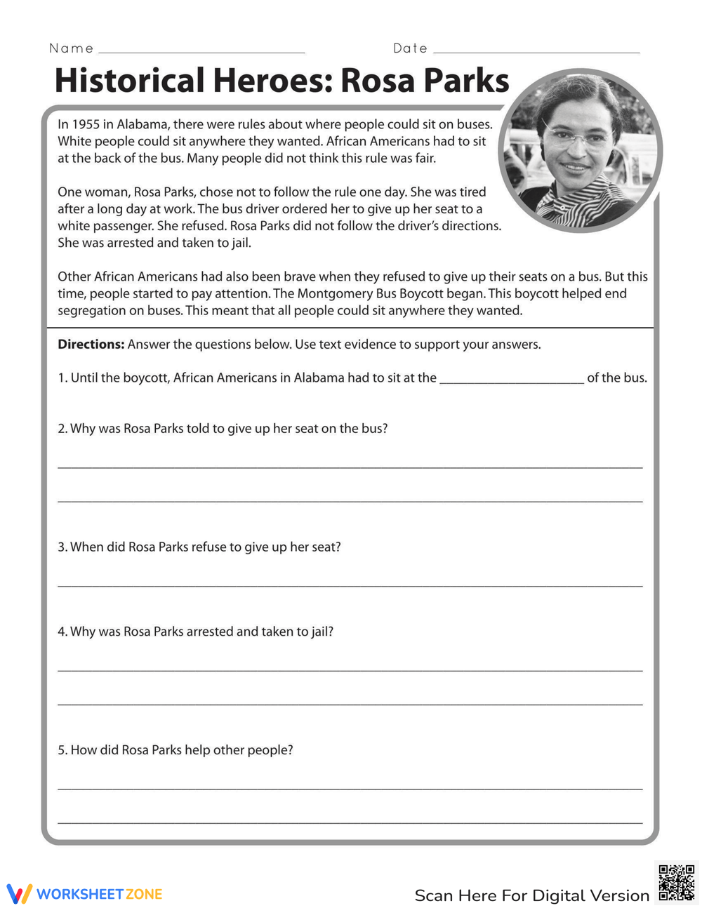 Rosa Parks Civil Rights Hero Worksheet