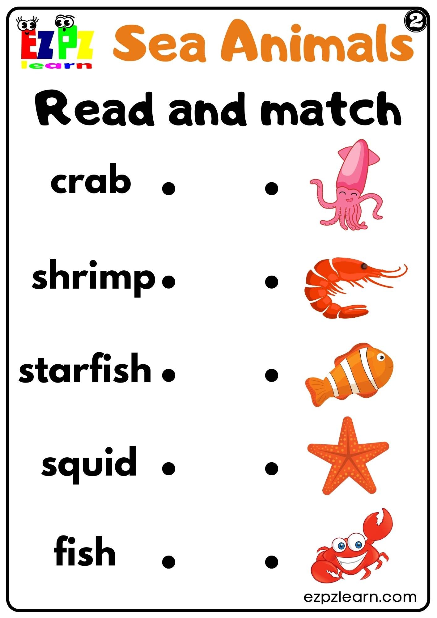 Sea Animals Read And Match Worksheet For Kids And ESL Set 2 Free PDF Download Ezpzlearn