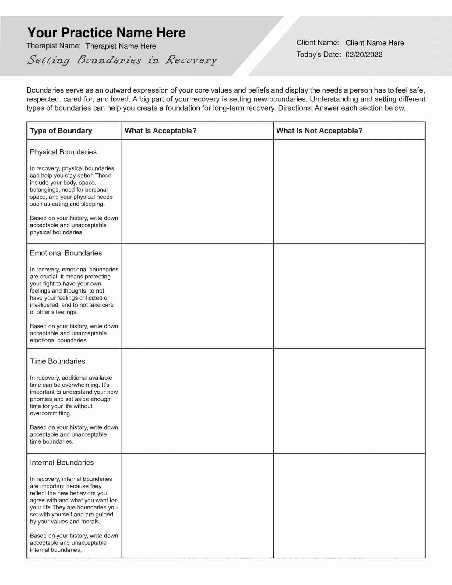 Printable Recovery Worksheets Pdf