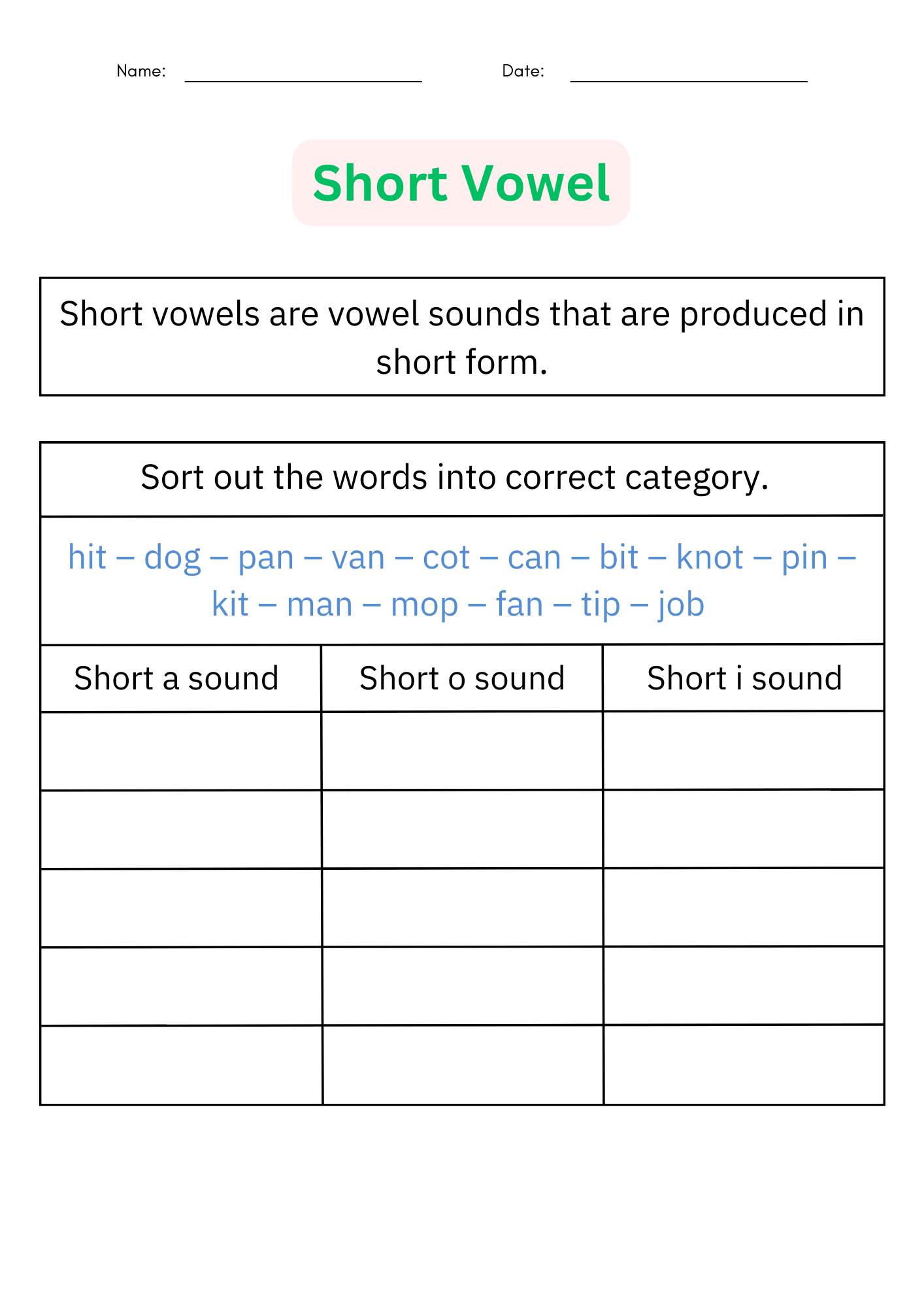 Printable Long And Short Vowel Sounds Worksheets