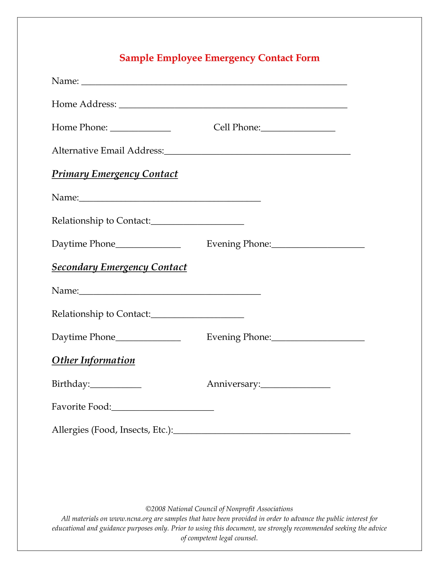 Emergency Contact Printable Form