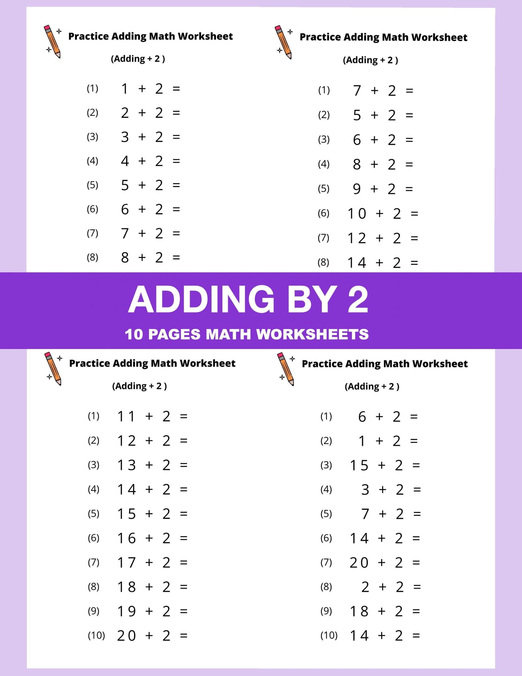 10 Printable Addition Math Worksheets Adding By 2 Numbers 1 20 Preschool 1st Grade 2nd Grade Math Etsy