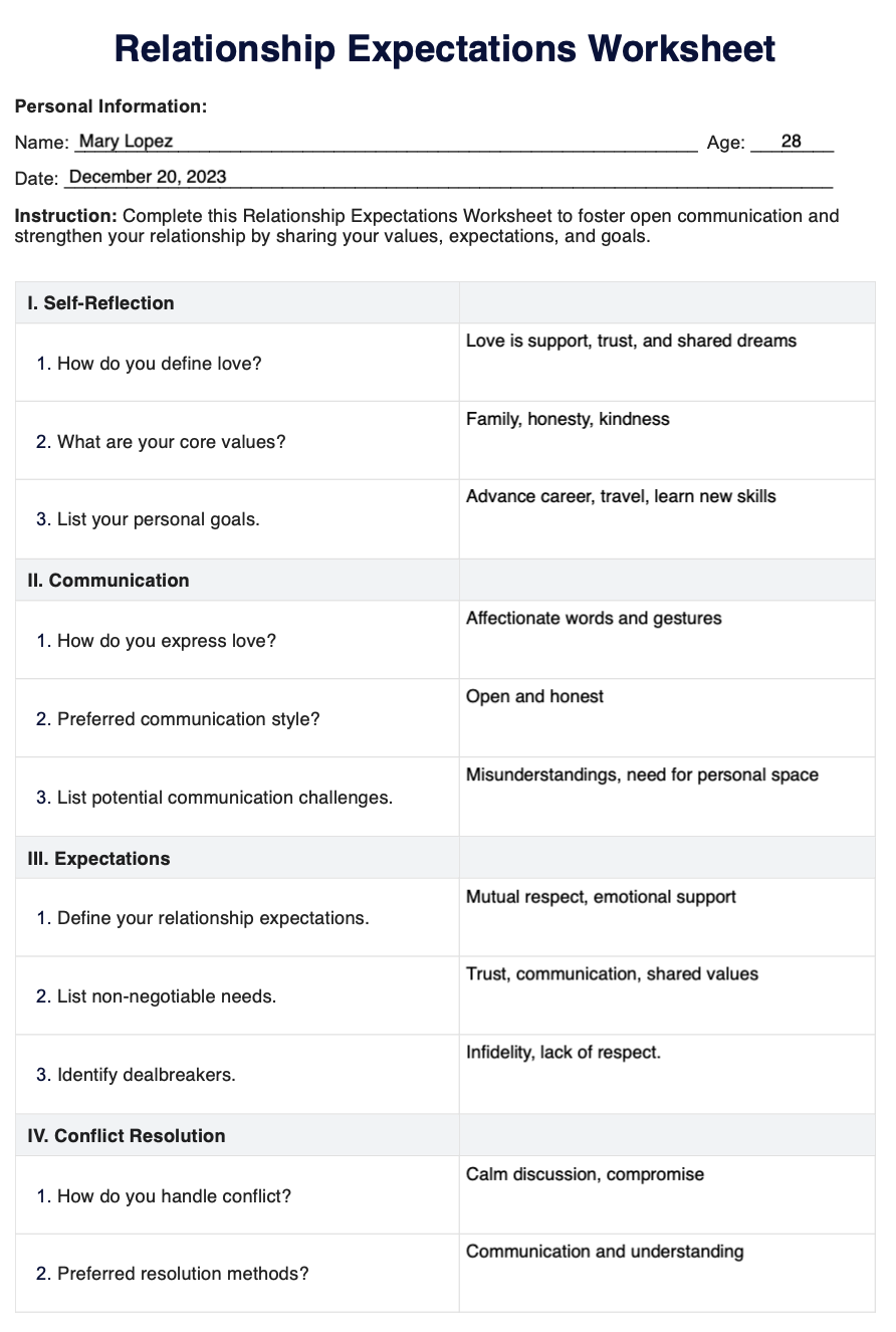 Printable Relationship Expectations Worksheet