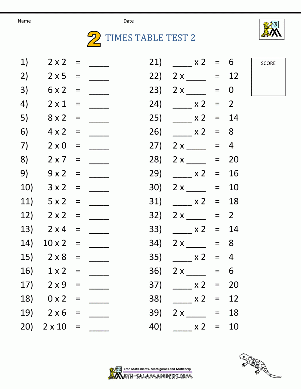 Free Printable Times Table Worksheet