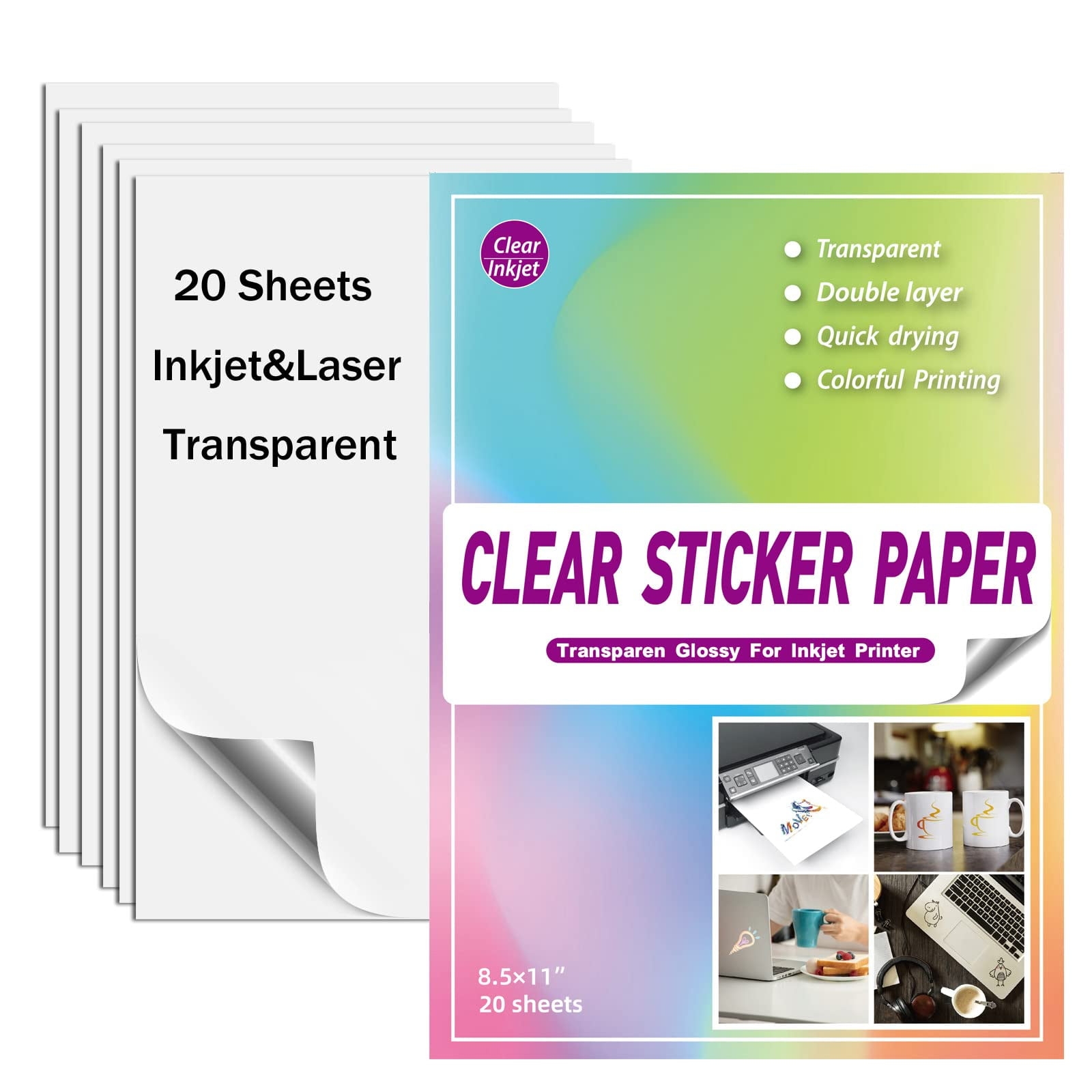 20 Sheets Clear Sticker Paper For Inkjet Printer Glossy Printable Vinyl Sticker Paper Decal Size 8 5 X 11 A4 Self Adhesive Walmart Business Supplies
