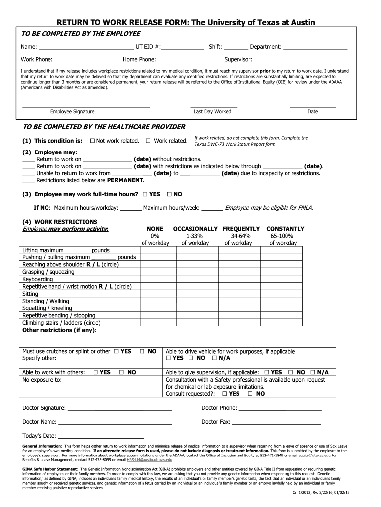 2016 2025 UT Return To Work Release Form Fill Online Printable Fillable Blank PdfFiller