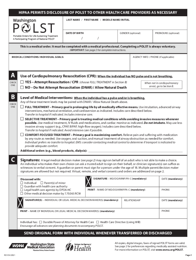 2021 2025 Form WA Physician Orders For Life Sustaining Treatment POLST Fill Online Printable Fillable Blank PdfFiller
