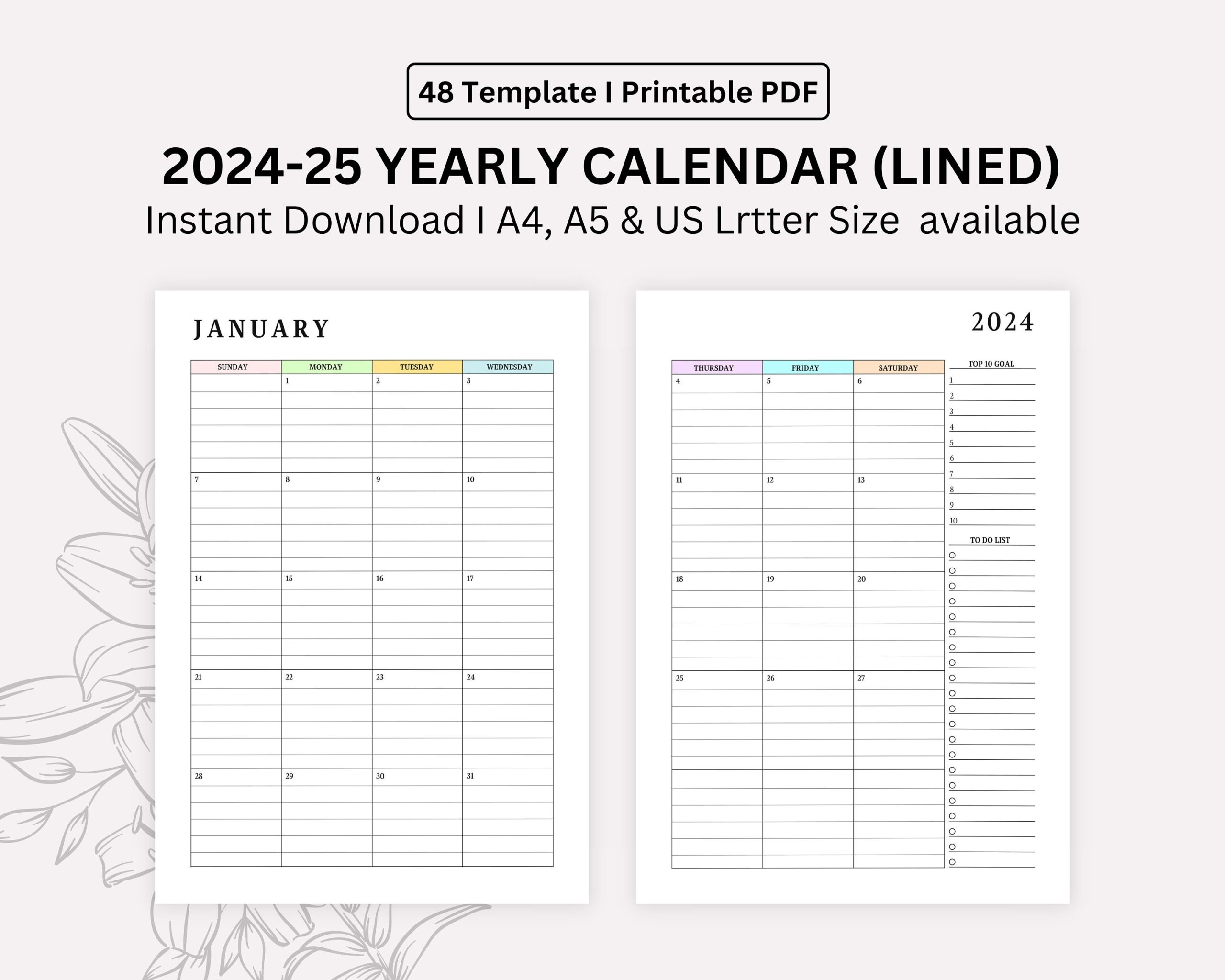 2024 2025 Monthly Lined Calendar Printable Dated Month On 2 Pages Month At A Glance A4 a5 letter half Instant Download Etsy