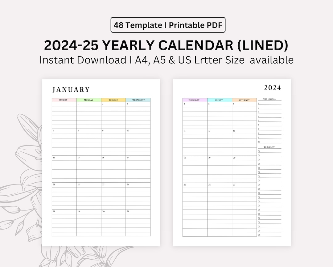 2024 2025 Monthly Lined Calendar Printable Dated Month On 2 Pages Month At A Glance A4 a5 letter half Instant Download Etsy