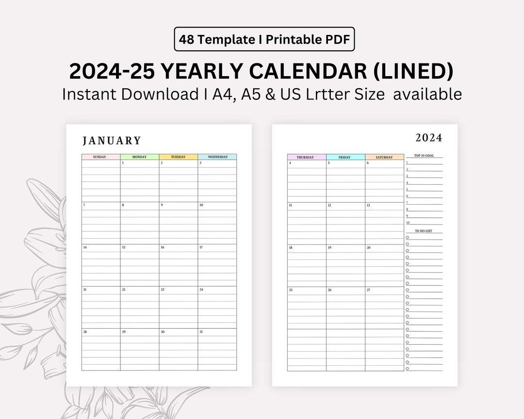 2024 2025 Monthly Lined Calendar Printable Dated Month On 2 Pages Month At A Glance A4 a5 letter half Instant Download Etsy