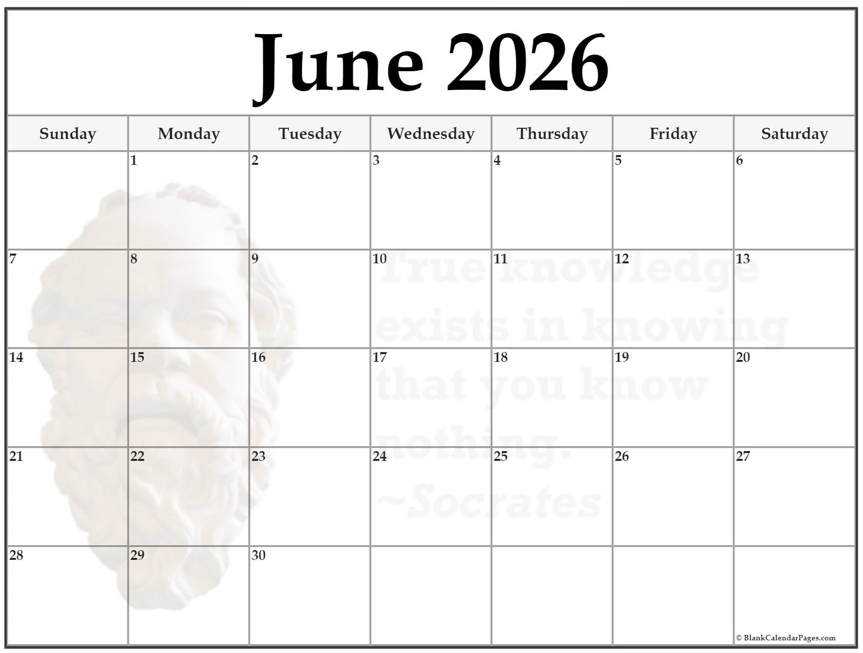 June 2026 Calendar Free Printable