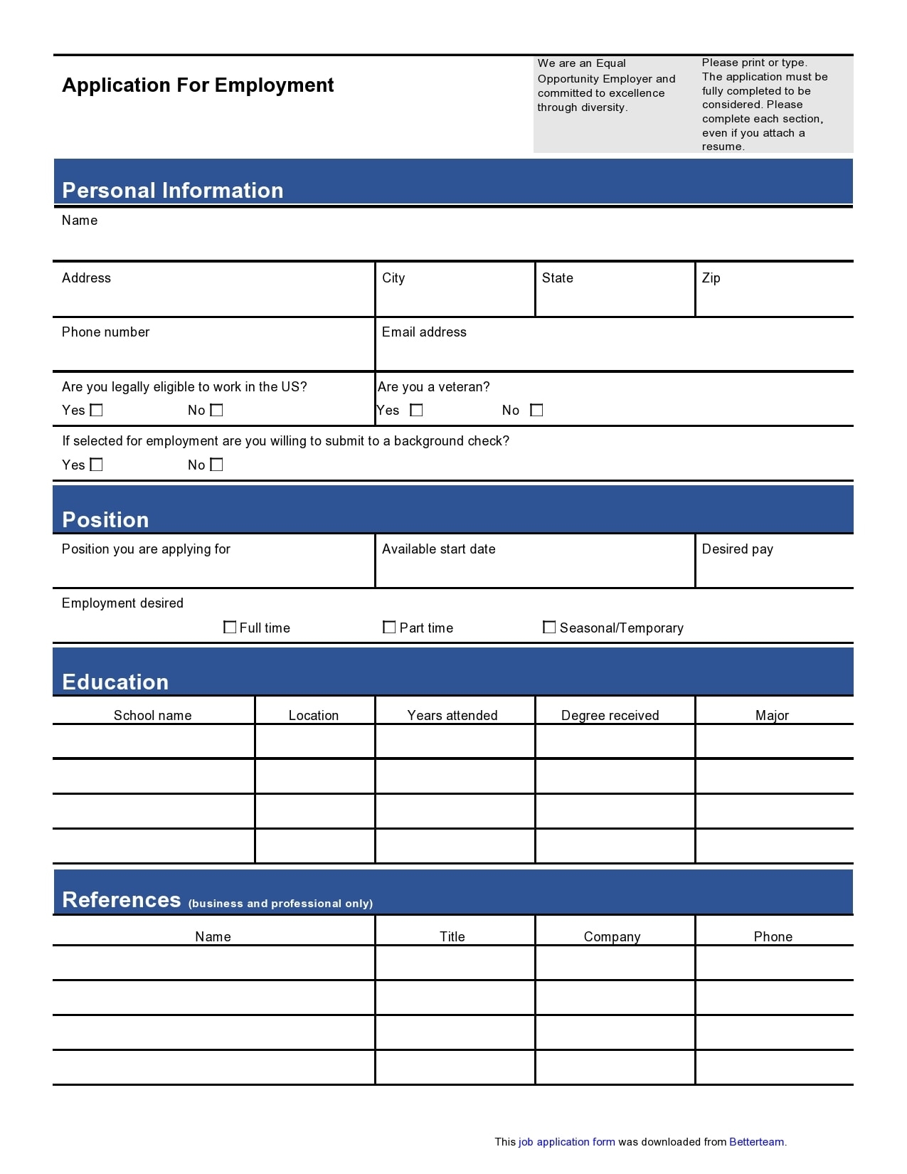 Printable Job Application Form