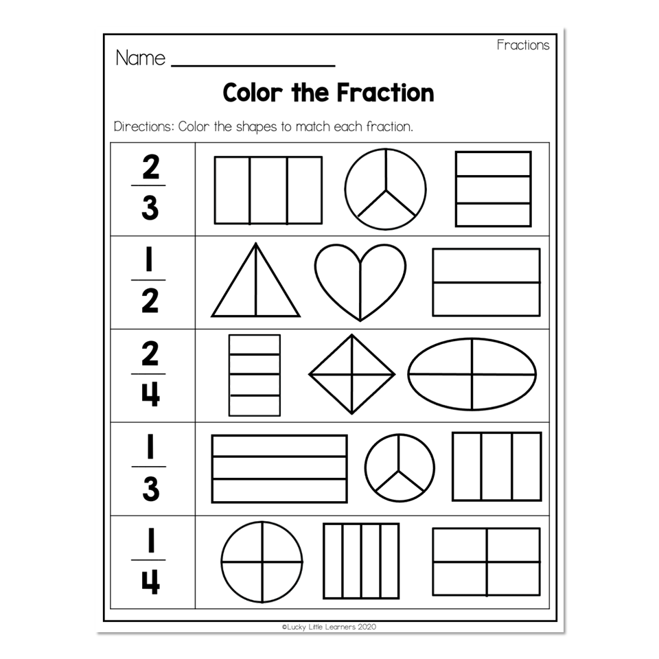 2nd grade math worksheets geometry fractions color the fraction lucky little learners
