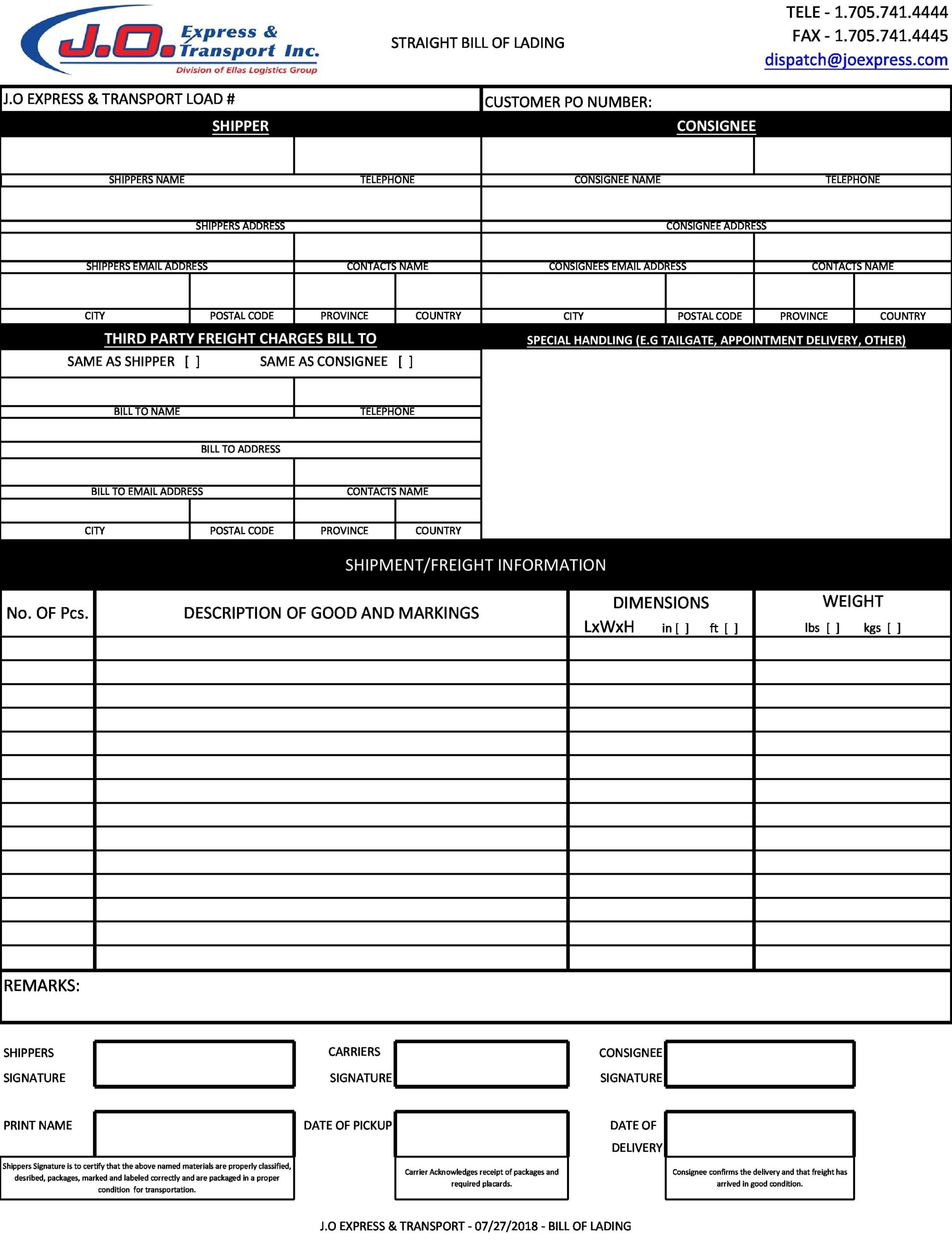 Bill Of Lading Printable Form