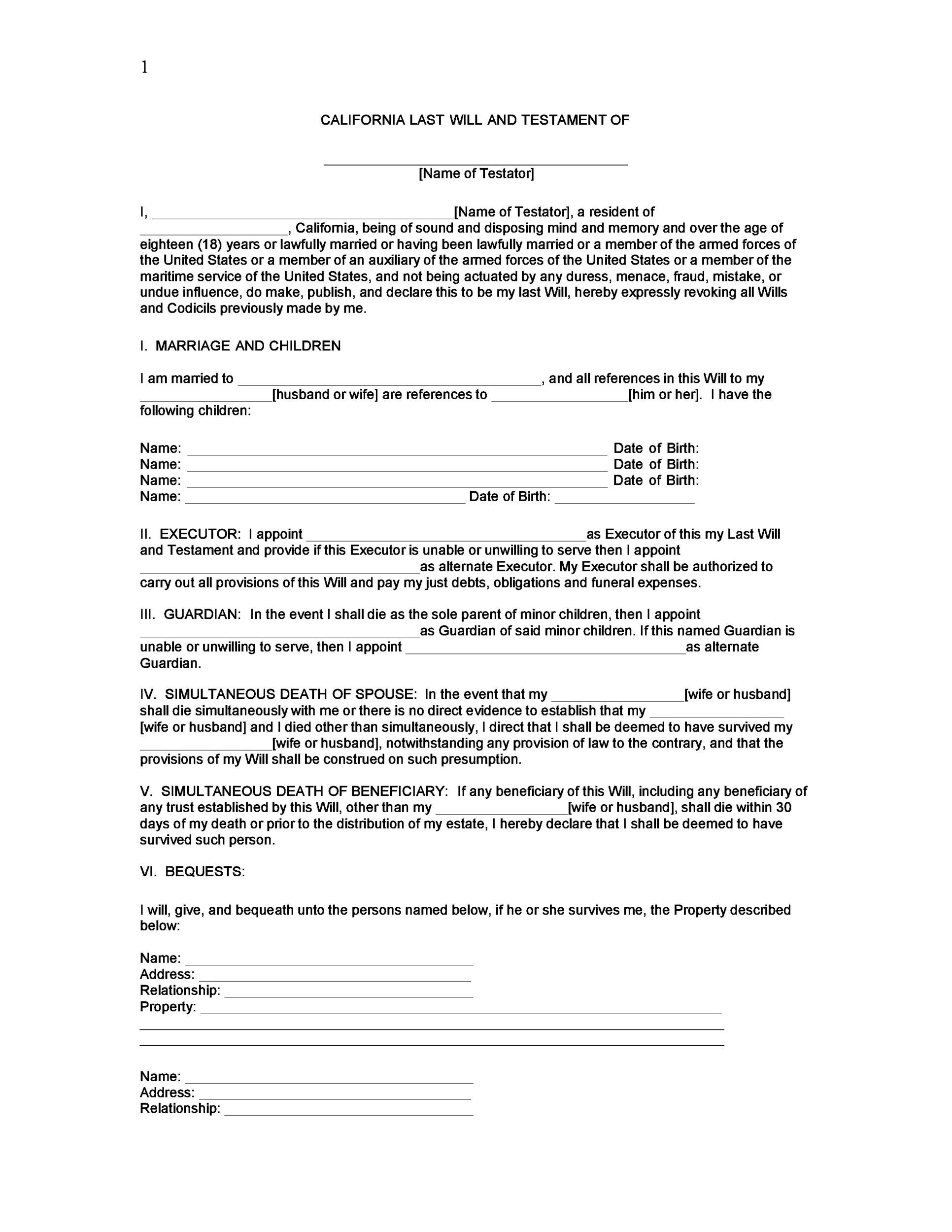 Free Printable Last Will And Testament Blank Forms