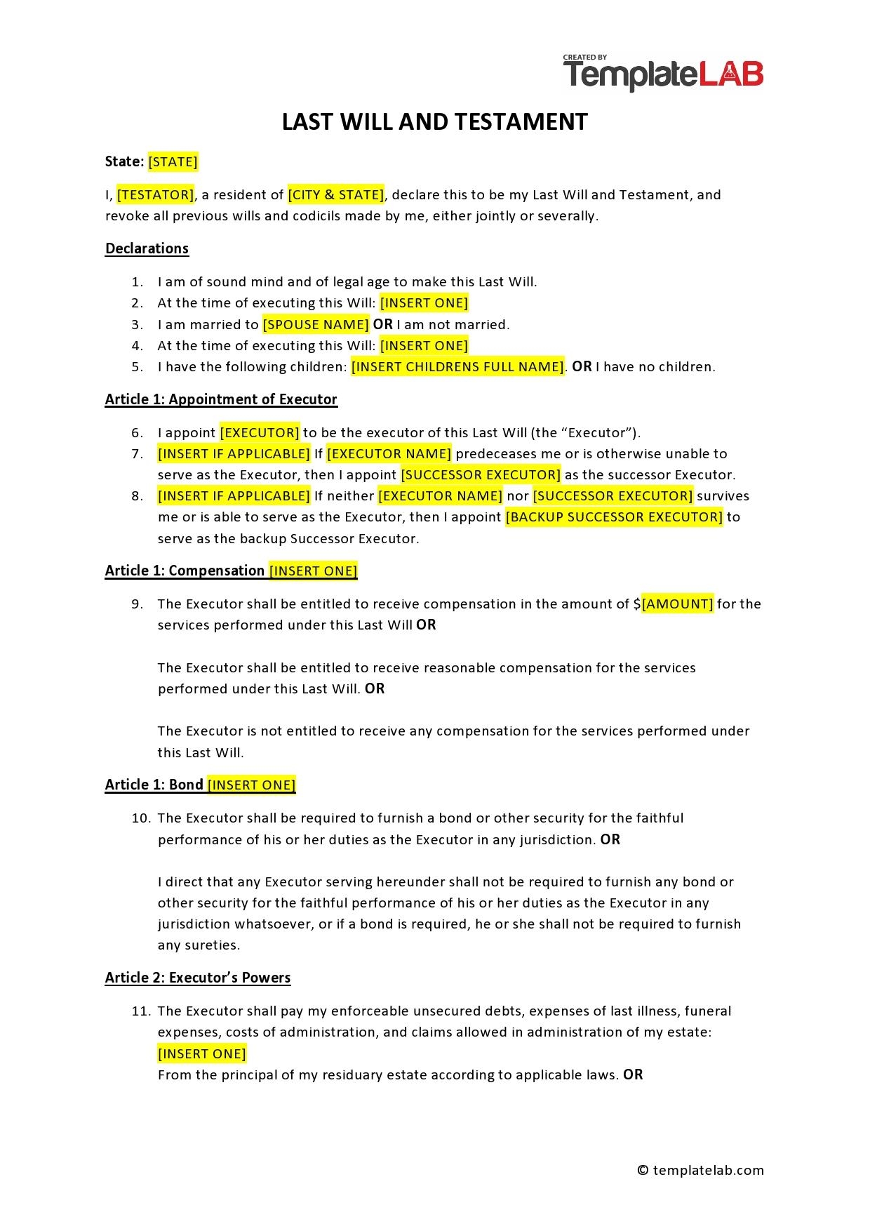Last Will Printable Form