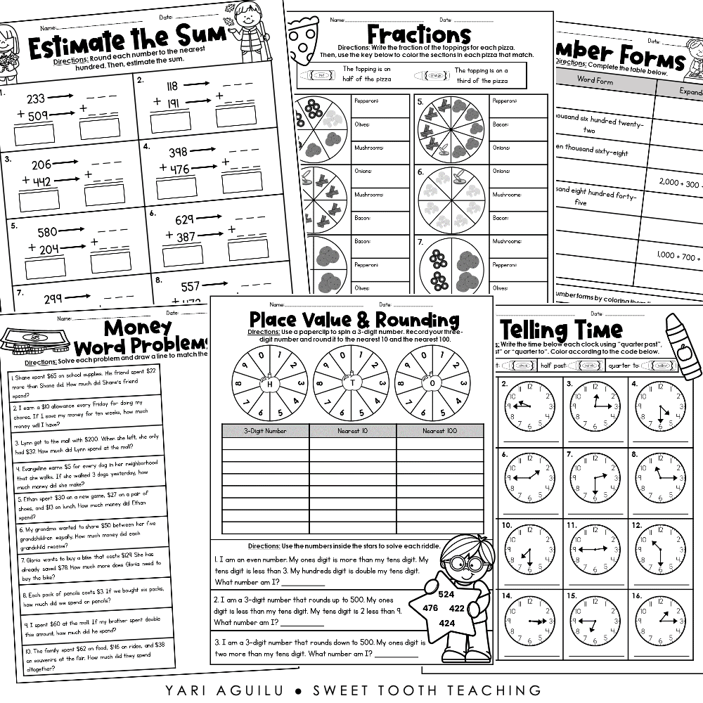 3rd grade daily practice skill review worksheets september math reading grammar printables shop sweet tooth teaching