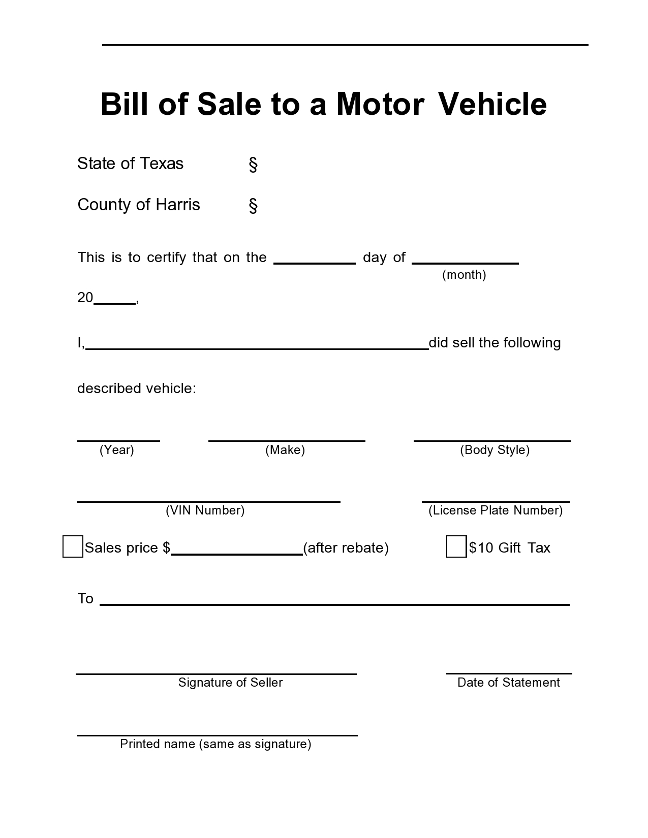 Free Printable Vehicle Bill Of Sale Form