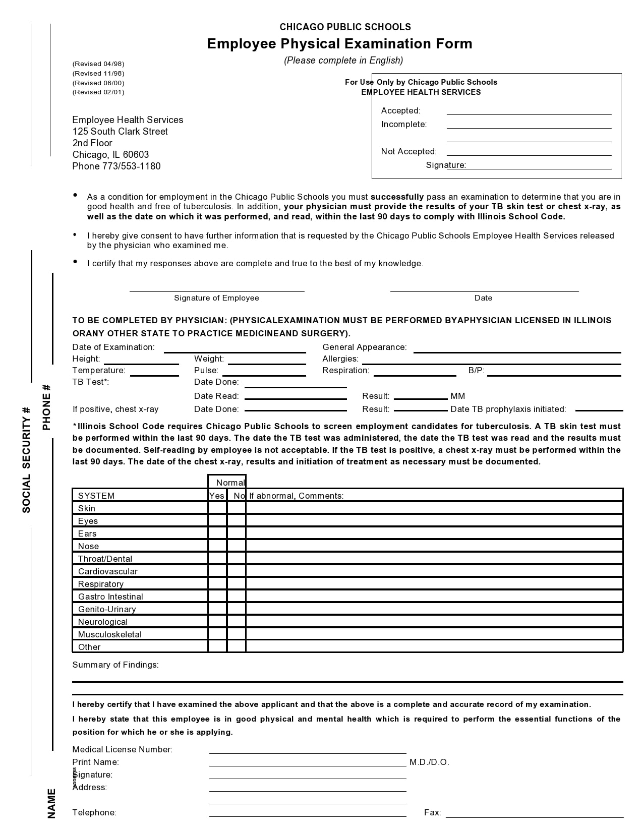 Printable Physical Examination Form