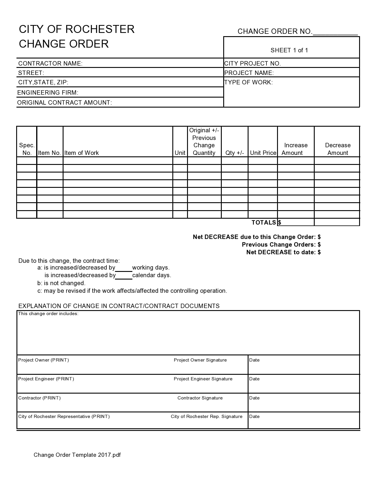 Printable Change Order Form