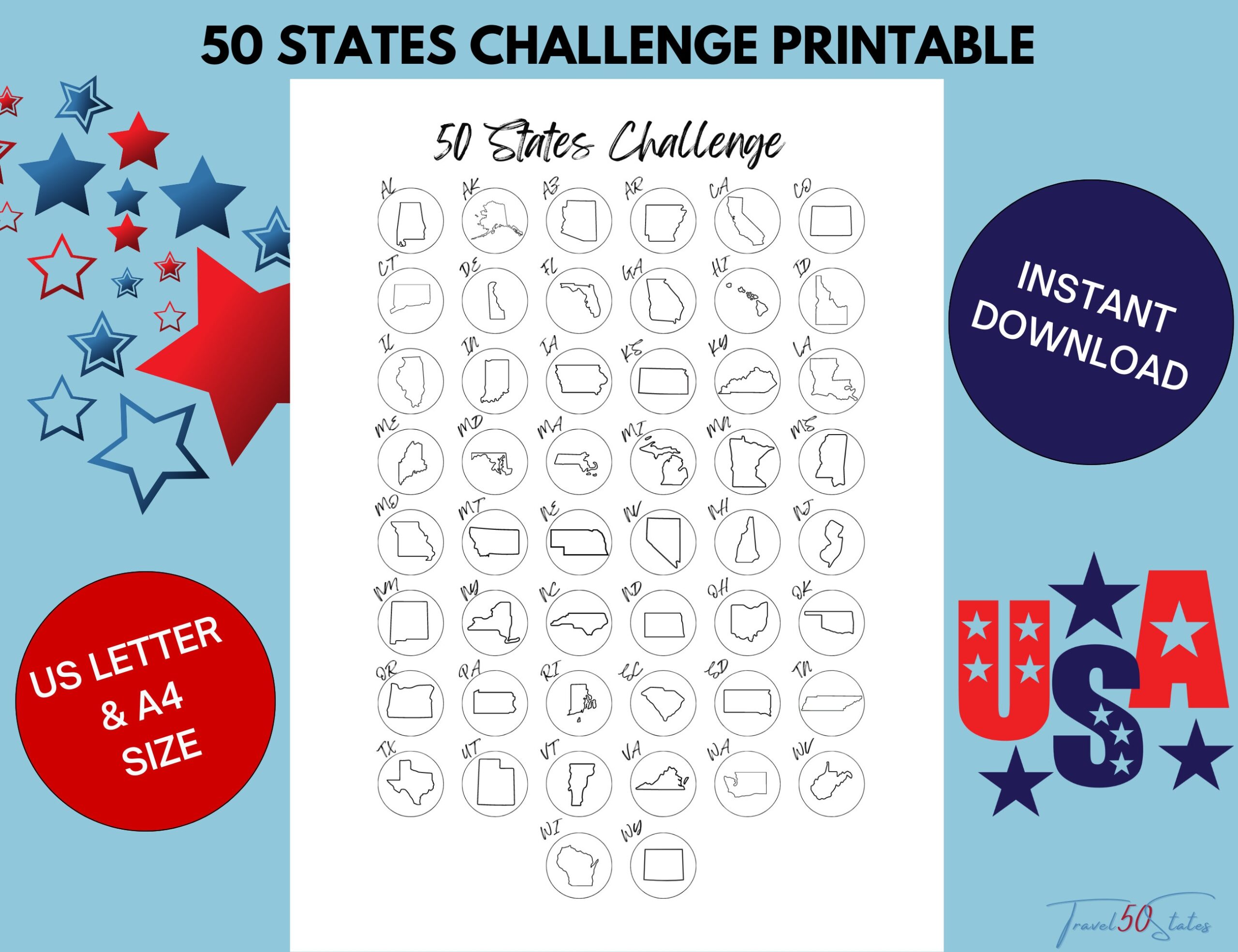 50 States Challenge Travel All 50 States Bucket List Printable USA Travel Tracker Fifty States Journal Log Instant Download Etsy