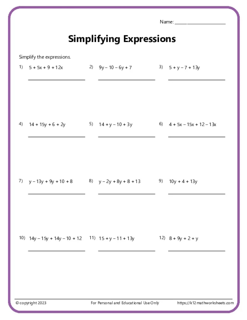 6th grade algebra worksheets