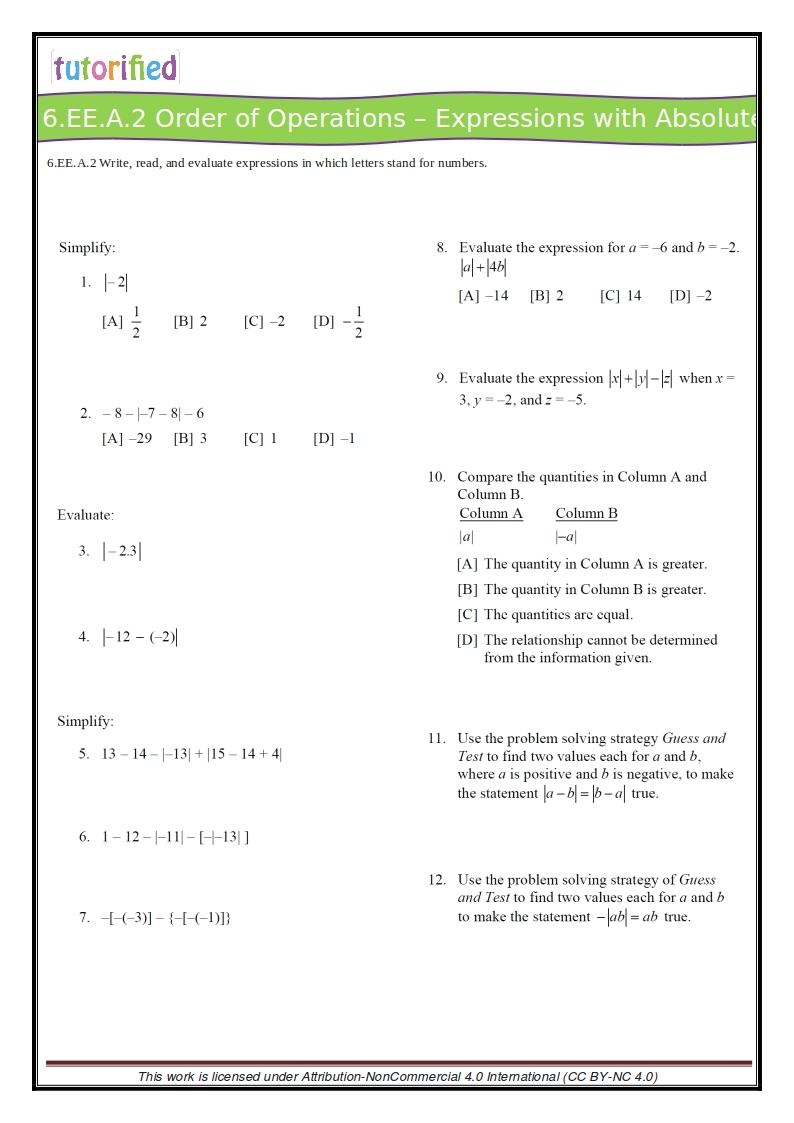 6th grade common core math worksheets