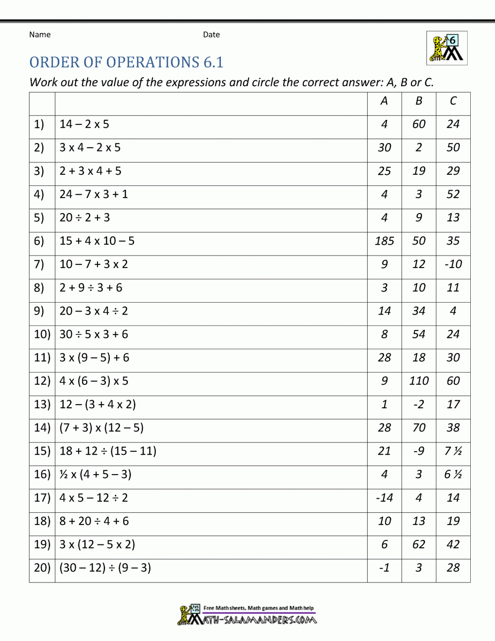 Free Printable 6th Grade Worksheets All Subjects