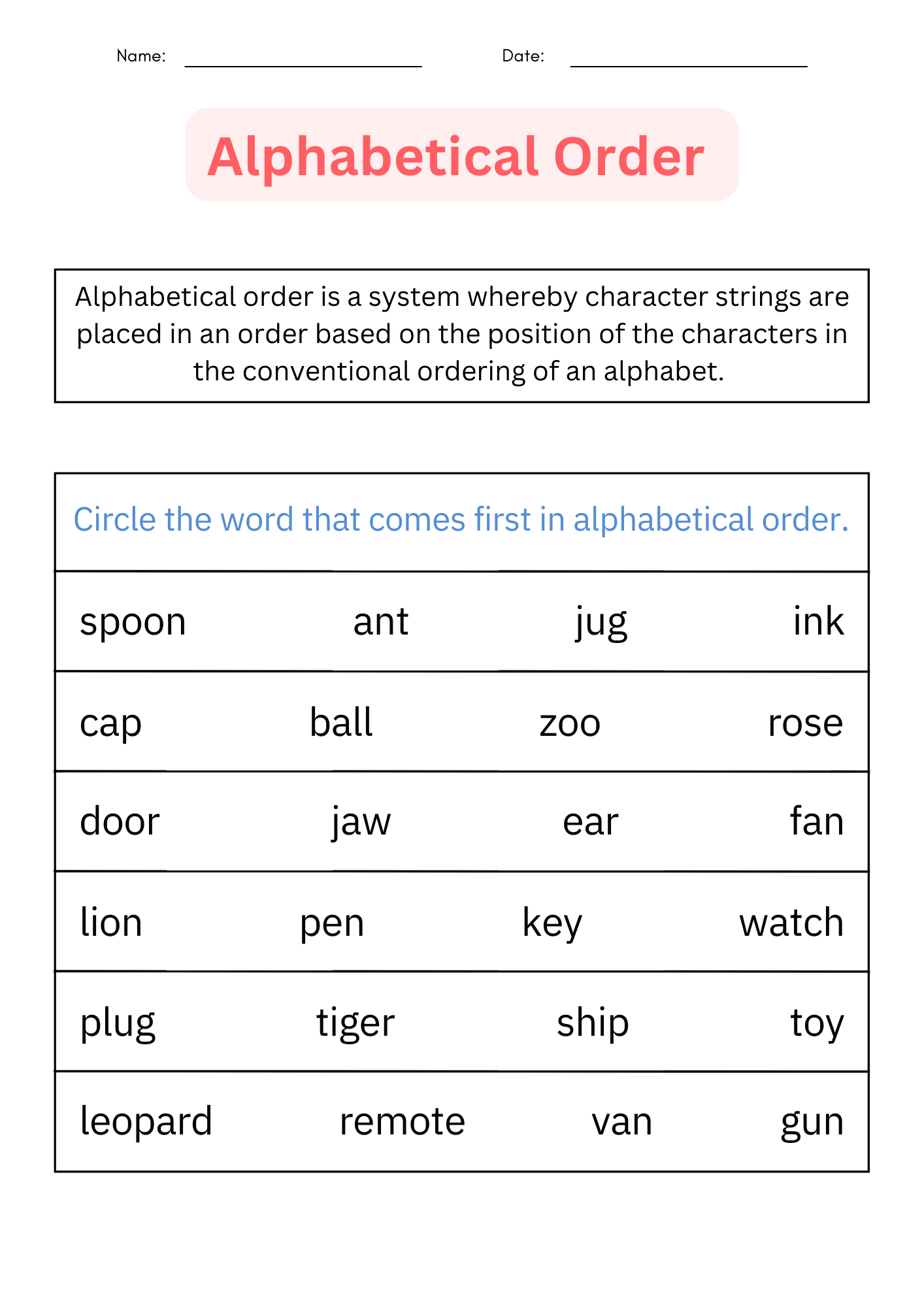 Free Printable Abc Order Worksheets