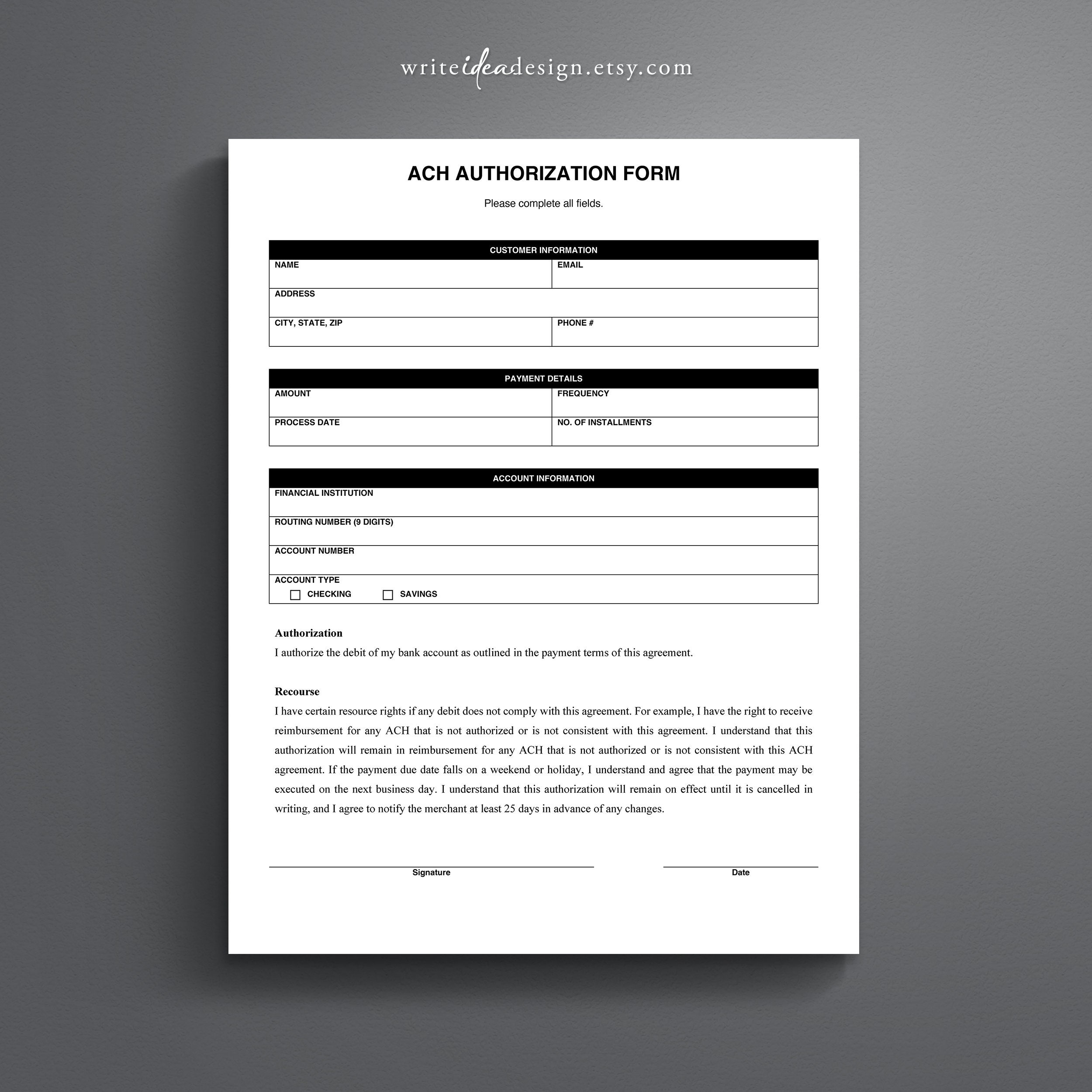 ACH Authorization Form Template Debit Authorization For Payment Microsoft Word Google Docs Printable PDF Etsy
