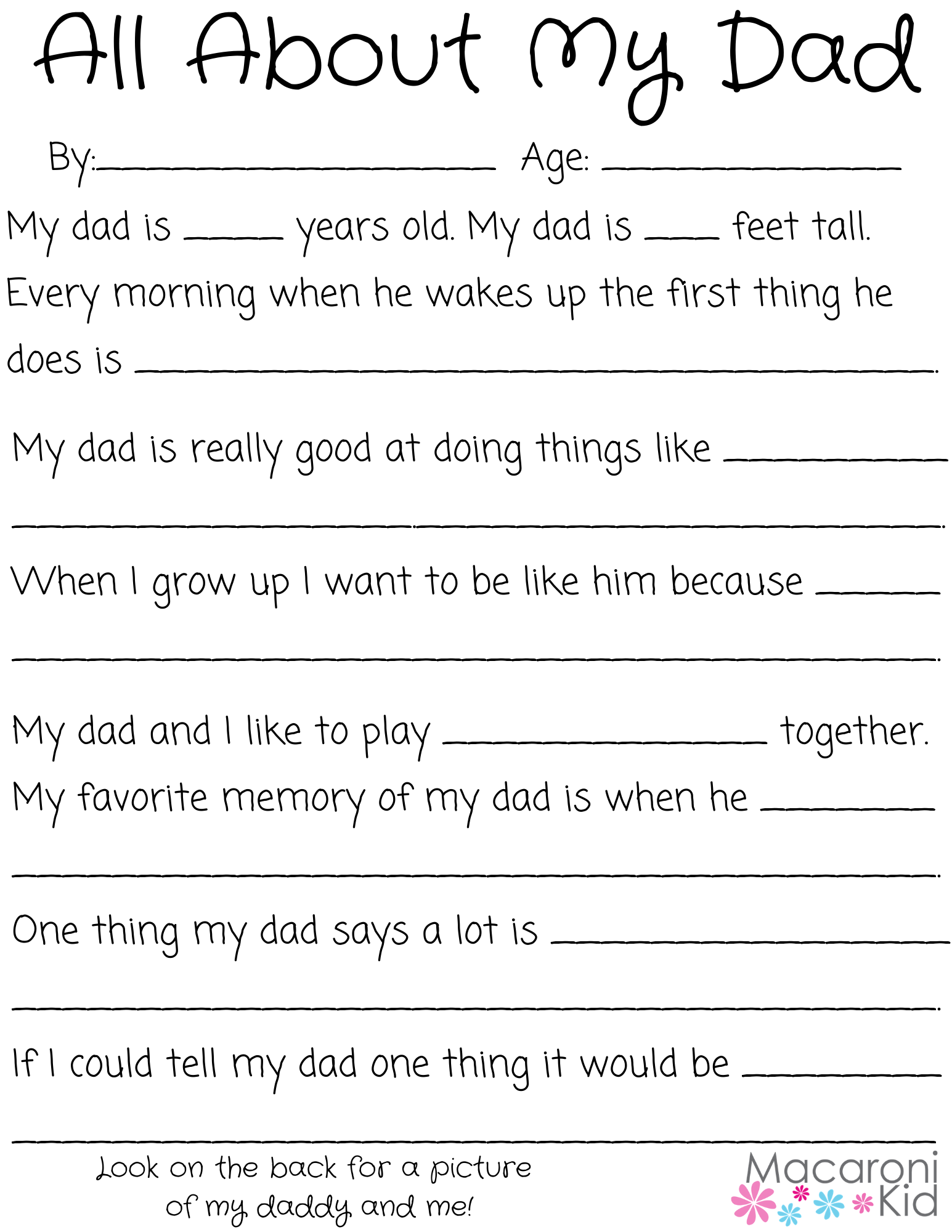 Free Printable All About My Dad Worksheet