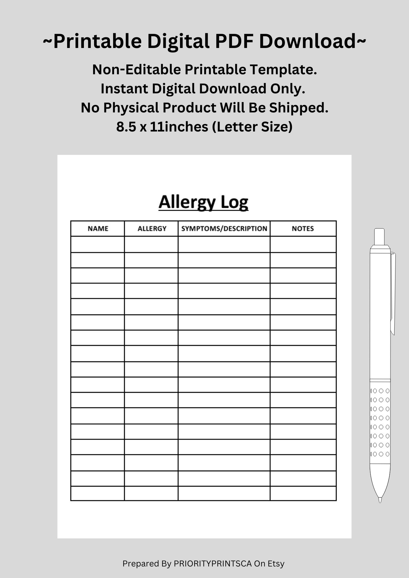 Printable Food Allergy Form Template