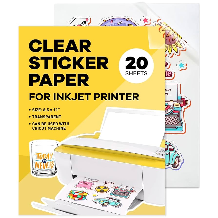 Amazon 90 Clear Sticker Paper For Inkjet Printer 20 Sheets 8 5 X 11 Letter Size Transparent Glossy Printable Vinyl Water Resistant Easy To Use For Creative Projects