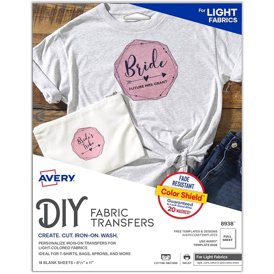 Amazon Avery Printable Heat Transfer Paper For Light Fabrics 8 5 X 11 Inkjet Printer Compatible 18 Sheets Of Iron On Transfer Paper Great For Custom Shirts Uniforms Gifts And More 8938 