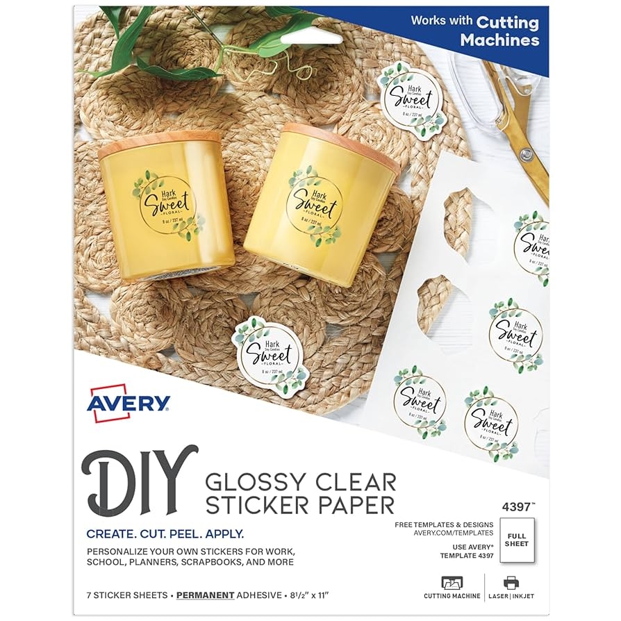Amazon Avery Printable Sticker Paper 8 5 X 11 Glossy Clear Permanent Adhesive Laser Inkjet Compatible 7 Full Size Label Sheets Great For Product Branding Cute Stickers Custom Signs And More 4397 Office