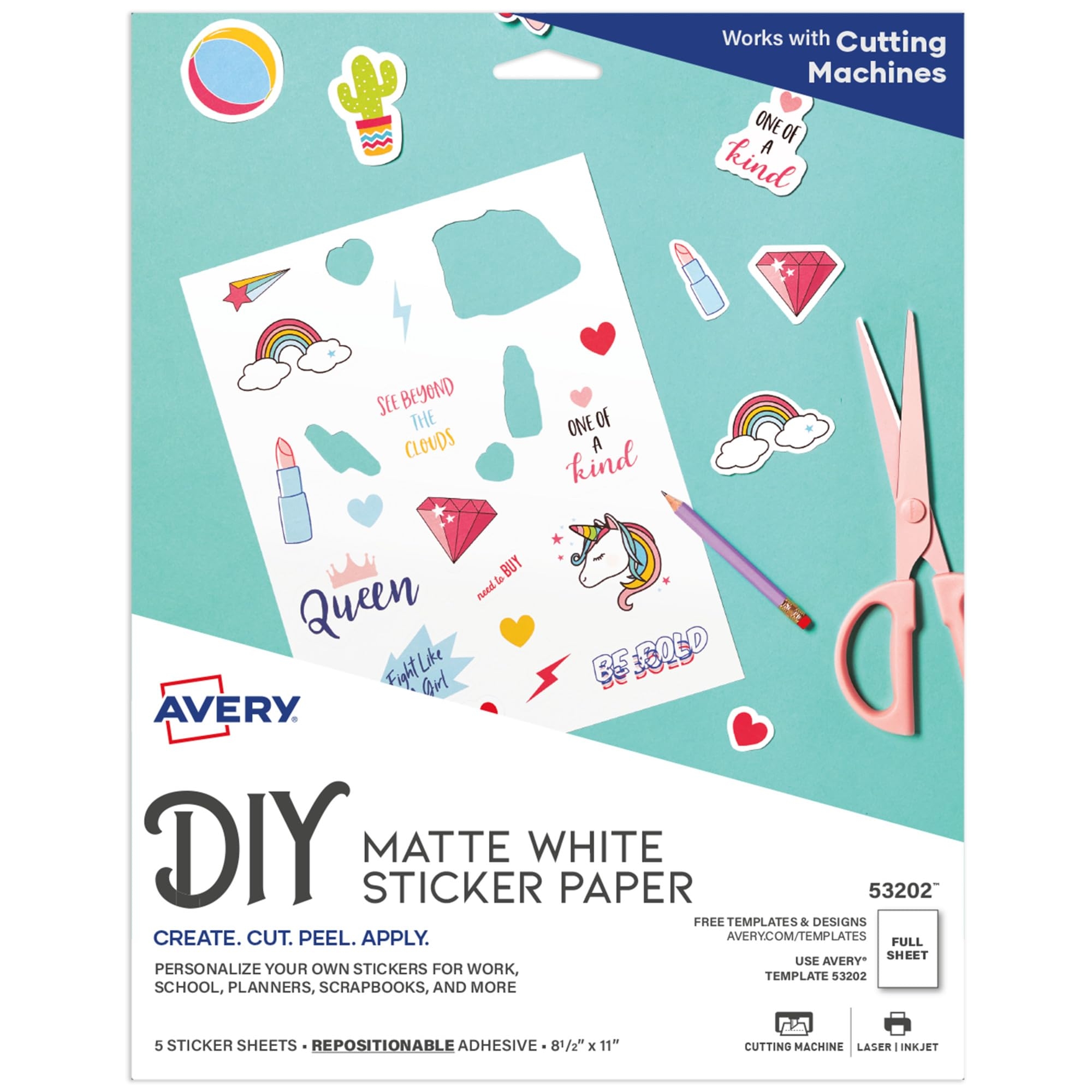 Amazon Avery Printable Sticker Paper 8 5 X 11 Matte White Repositionable Adhesive Laser Inkjet Compatible 5 Full Size Label Sheets Great For Product Branding Cute Stickers Crafts And More 53202 Photo Quality