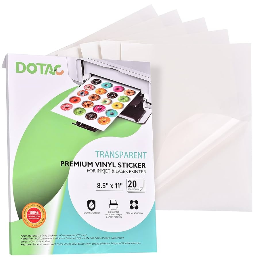 Amazon DOTAC Clear Printable Vinyl Sticker Paper 20 Sheets Waterslide Decal Paper 8 5 X 11 Transparent Sticker Paper Dries Quickly Tear Resistant For Inkjet Laser Printer Office Products