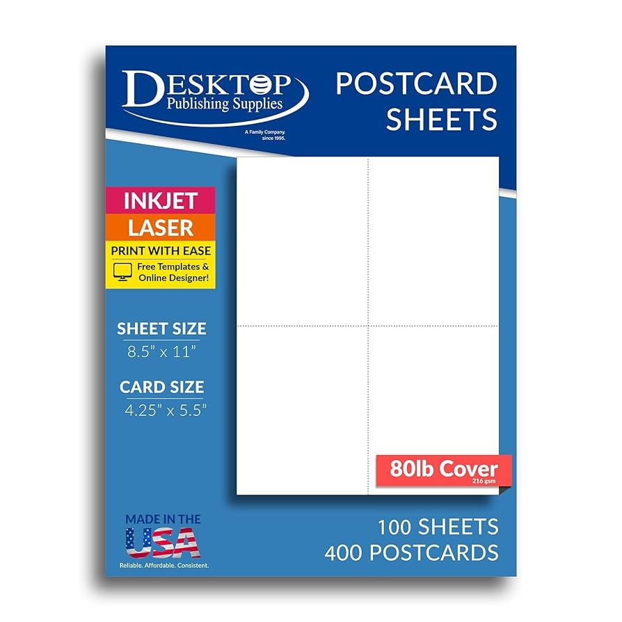 Amazon Heavyweight Blank Postcard Paper For Printing 100 Sheets 400 Postcards White Perforated 4 Per Sheet Thick 80lb Cover Cardstock Inkjet Laser Printable Office Products