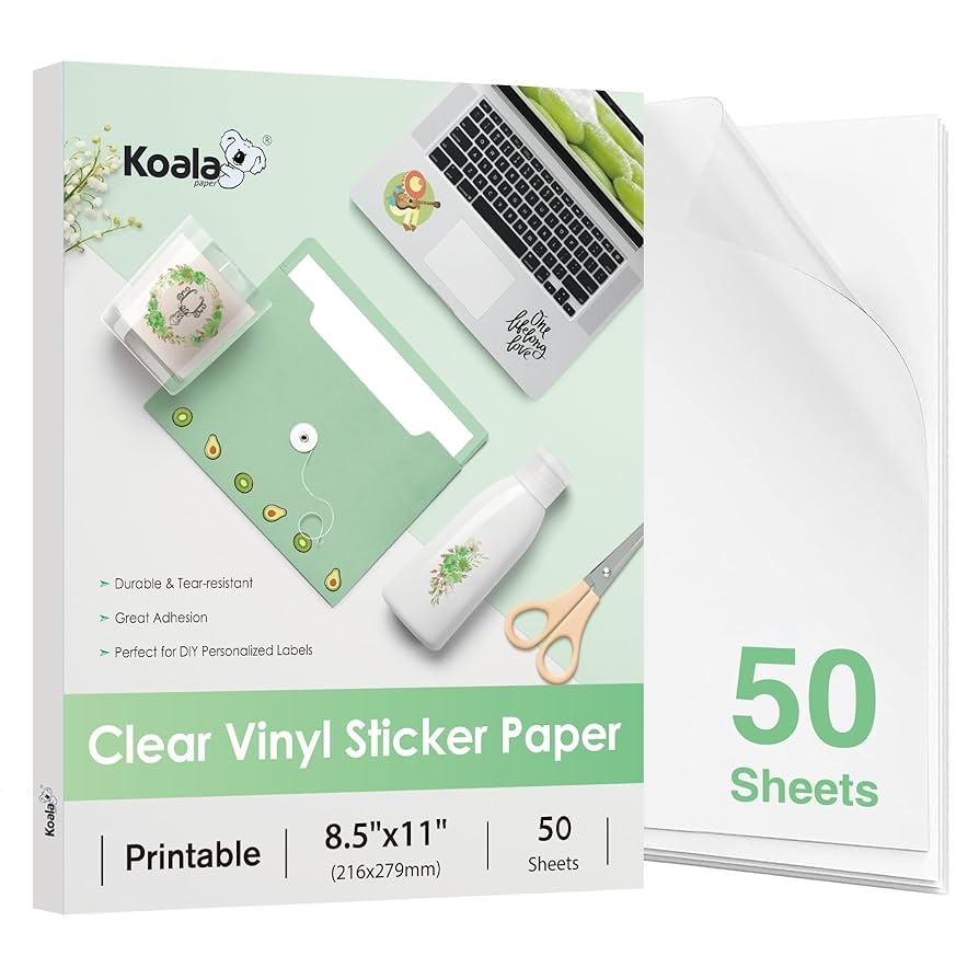 Amazon Koala 95 Clear Sticker Paper For Inkjet Printer Waterproof Printable Vinyl Sticker Paper 8 5x11 Inch 50 Sheets Transparent Glossy Easy To Use For DIY Personalized Decals Office Products