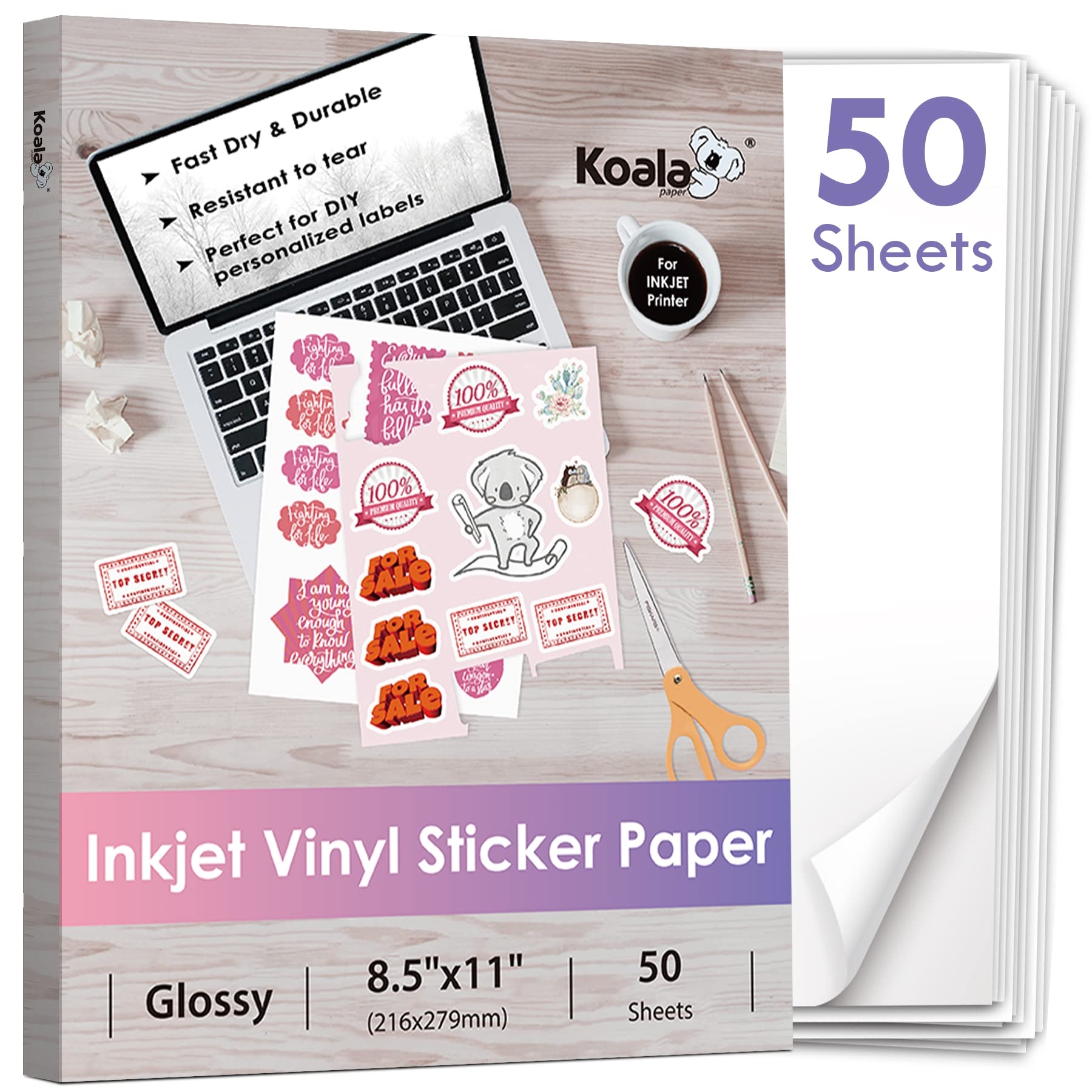 Amazon Koala Printable Vinyl Sticker Paper For Inkjet Printer 50 Sheets White Glossy Sticker Paper Waterproof Sticker Printer Paper 8 5x11 Inch Tear Resistant Removable Office Products