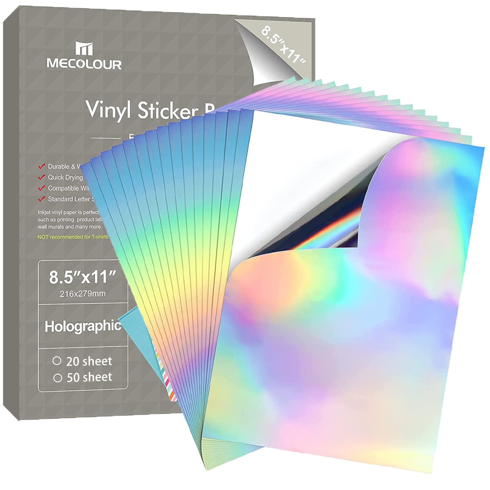 Amazon MECOLOUR Holographic Sticker Paper Printable 8 5 11 50 Sheets Premium Rainbow Vinyl For Cricut Waterproof Dries Quickly Vivid Colors Holds Ink Well Tear Resistant for Inkjet Printer Office Products