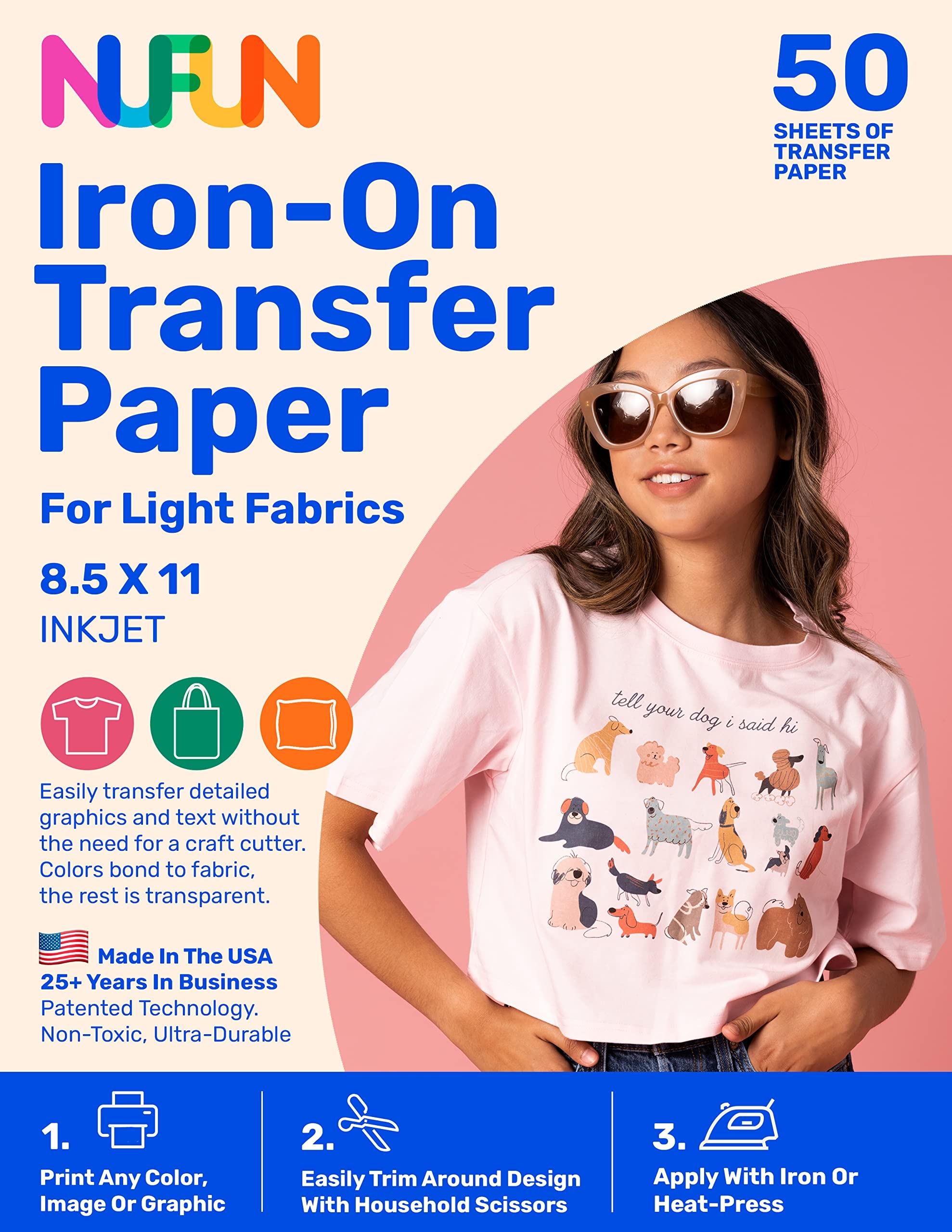 Amazon NuFun Activities Printable Iron on Heat Transfer Paper For T Shirts Light Fabrics 50 Sheets 8 5 X 11 Inch Long Lasting Durable Professional Quality Easy DIY Non Toxic Made In The USA