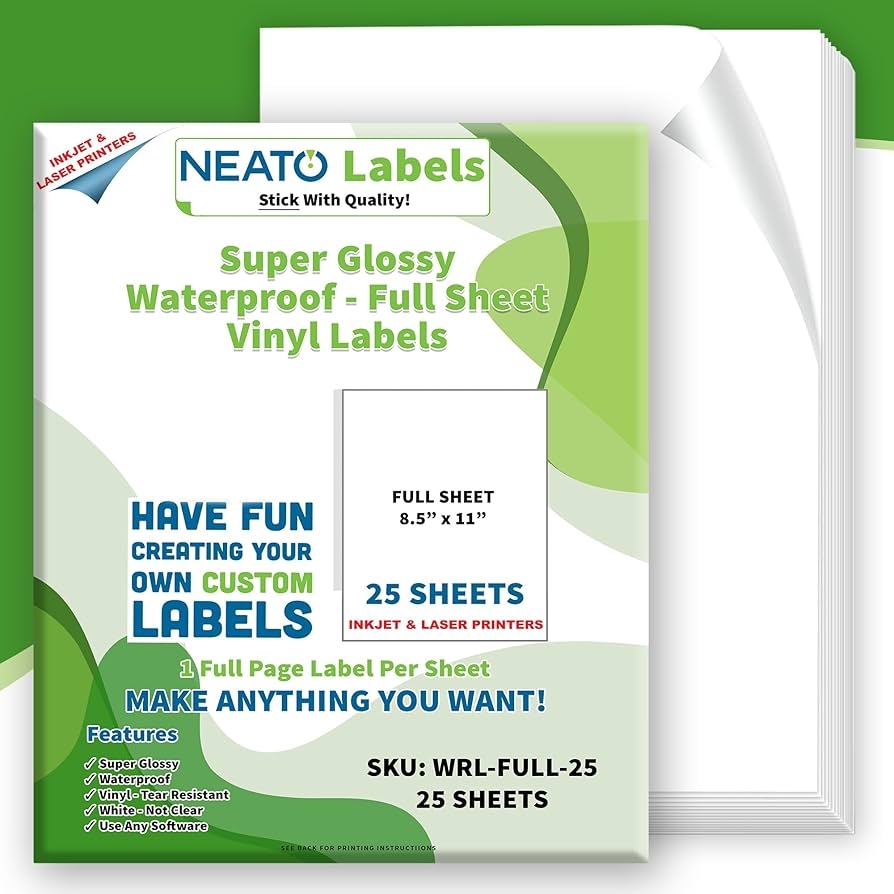 Amazon Printable Vinyl Sticker Paper 25 Super Glossy Waterproof Labels For Inkjet And Laser Printers Premium White Full Sheets Strong Adhesive Tear Resistant Office Products