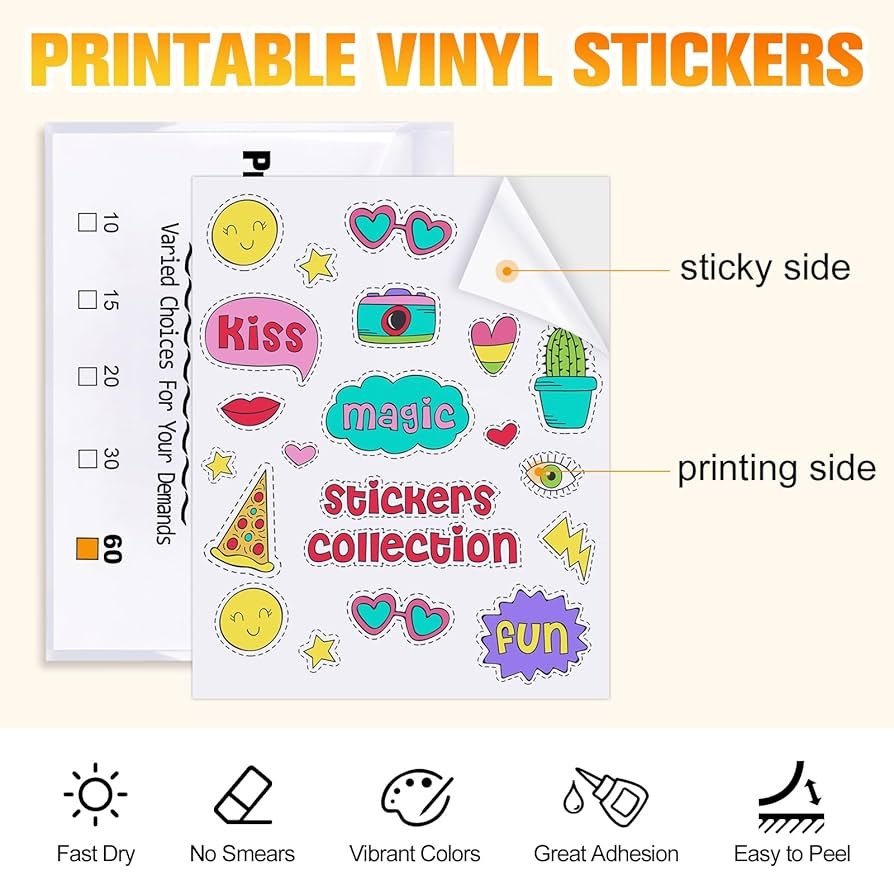 Amazon Printable Vinyl Sticker Paper 30 Sheets Matte White Waterproof Printable Sticker Paper For Inkjet Printer Laser Printer Size 8 5 x11 A4 Printer Paper Quick Dry Vivid Colors Tear Resistant 